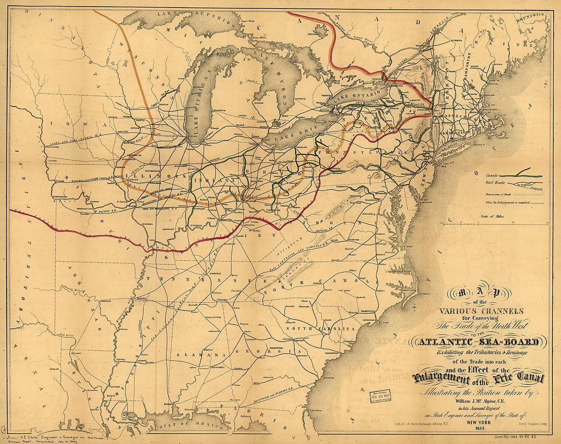 This old map of Board Exhibiting the Tributaries & Drainage of the Trade Into Each and the Effect of the Enlargement of the Erie Canal, Illustrating the Position Taken by William J. McAlpine, C.E. In His Annual Report As State Engineer and Surveyor of th