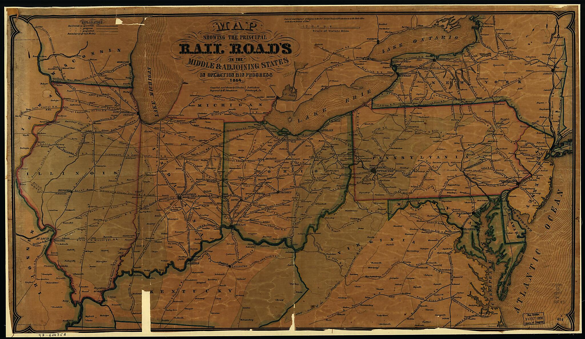 This old map of Map Showing the Principal Rail Road In the Middle & Adjoining States, In Operation & In Progress from 1854 was created by William Schuchman, N. Veeder in 1854