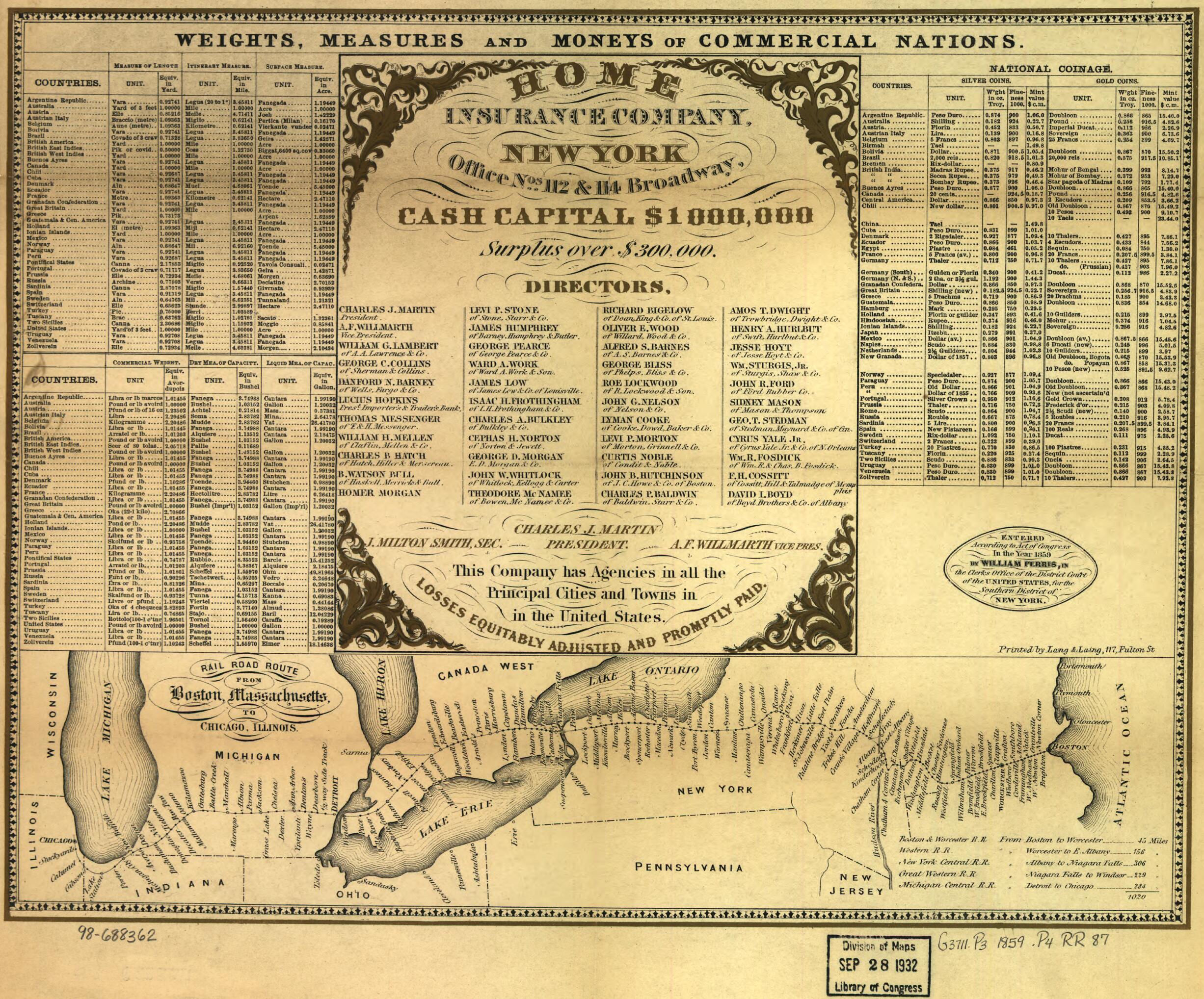 This old map of Road Road Route from Boston, Massachusetts to Chicago, Illinois from 1859 was created by William Perris in 1859