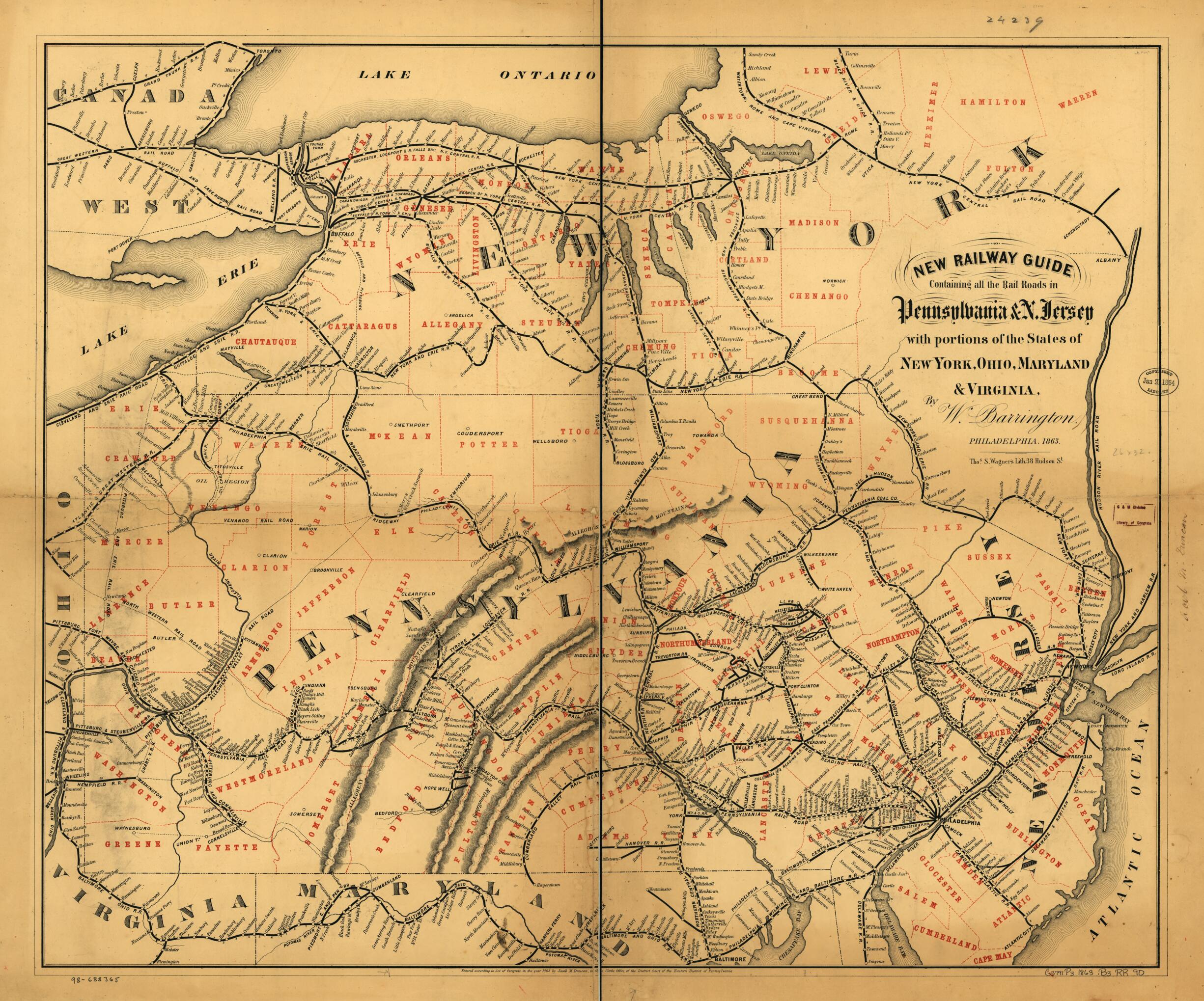 This old map of New Railway Guide Containing All the Rail Roads In Pennsylvania & N. Jersey With Portions of New York, Ohio, Maryland & Virginia from 1863 was created by W. Barrington in 1863