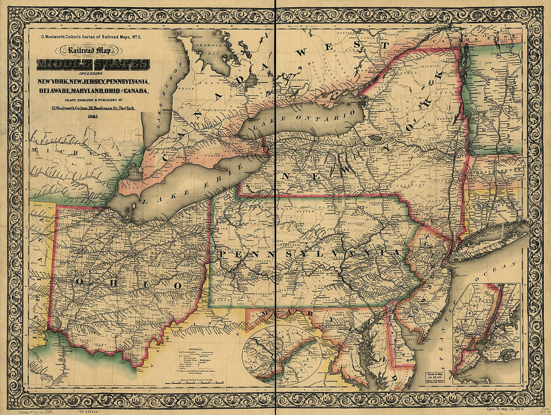 This old map of New Railroad Map of the Middle States Including New York, New Jersey, Pennsylvania, Delaware, Maryland, Ohio and Canada; Drawn, Engraved & Published by G. Woolworth Colton from 1865 was created by G. Woolworth (George Woolworth) Colton in