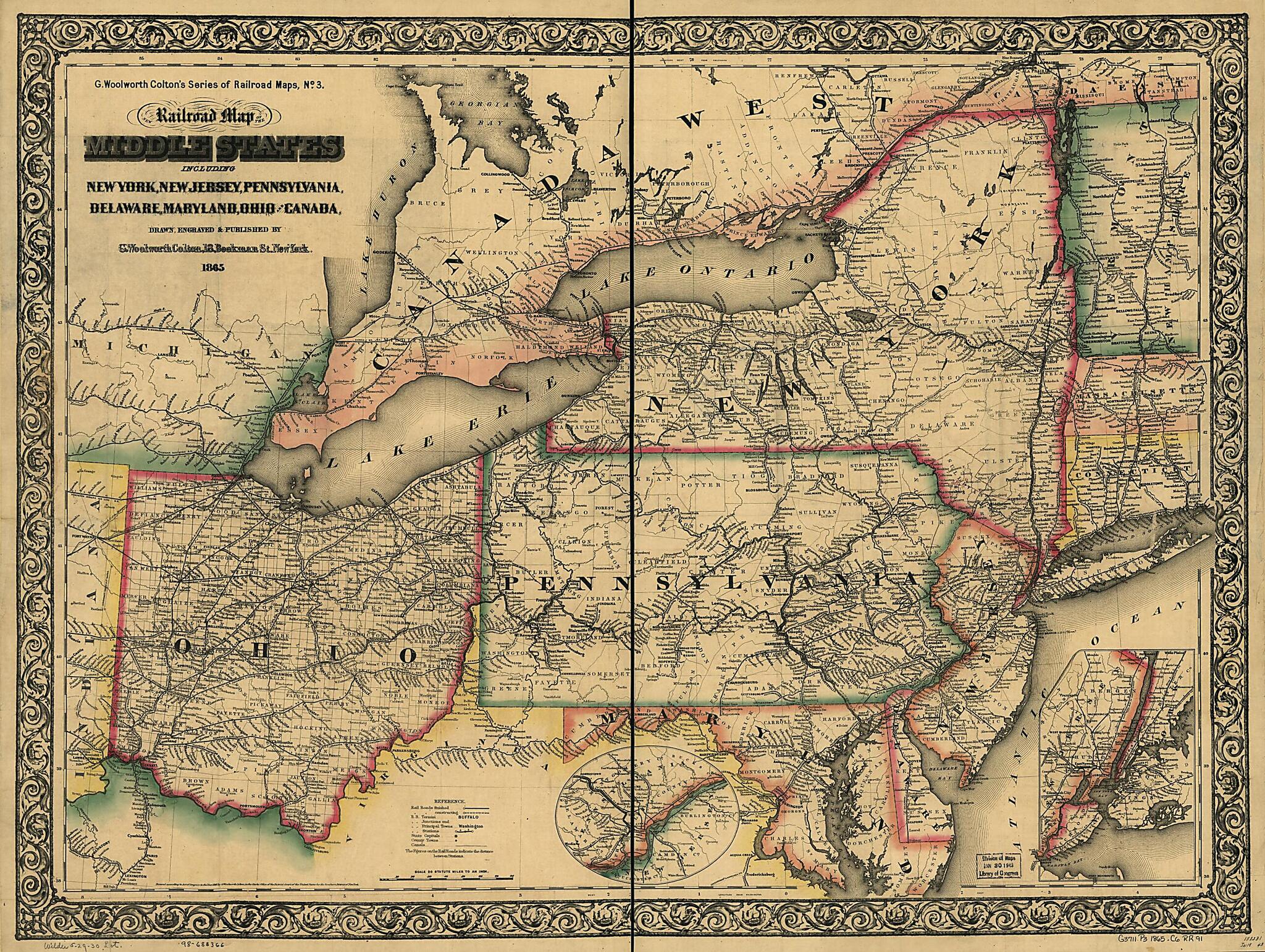 This old map of New Railroad Map of the Middle States Including New York, New Jersey, Pennsylvania, Delaware, Maryland, Ohio and Canada; Drawn, Engraved & Published by G. Woolworth Colton from 1865 was created by G. Woolworth (George Woolworth) Colton in
