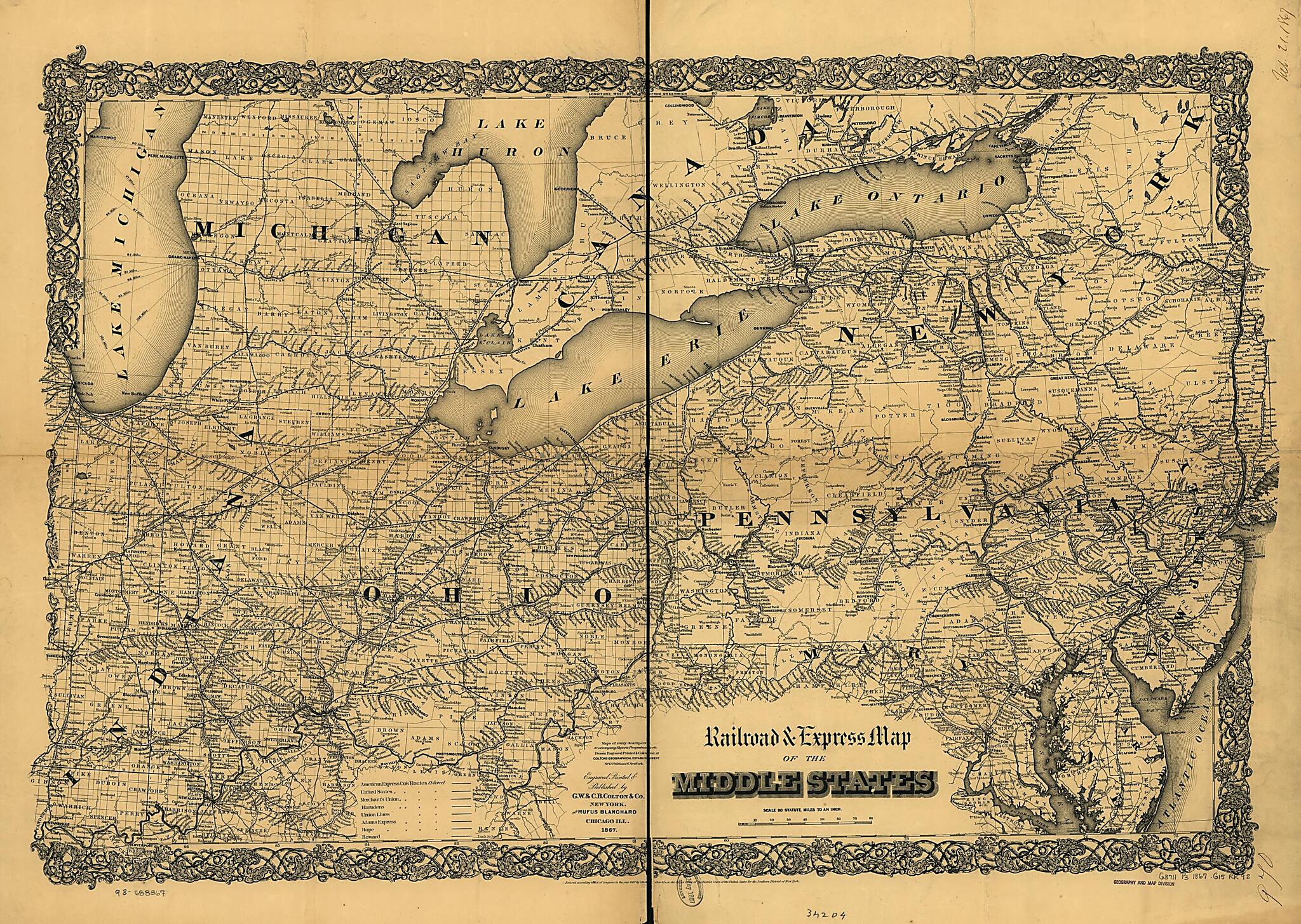 This old map of Railroad & Express Map of the Middle States from 1867 was created by G.W. & C.B. Colton & Co in 1867