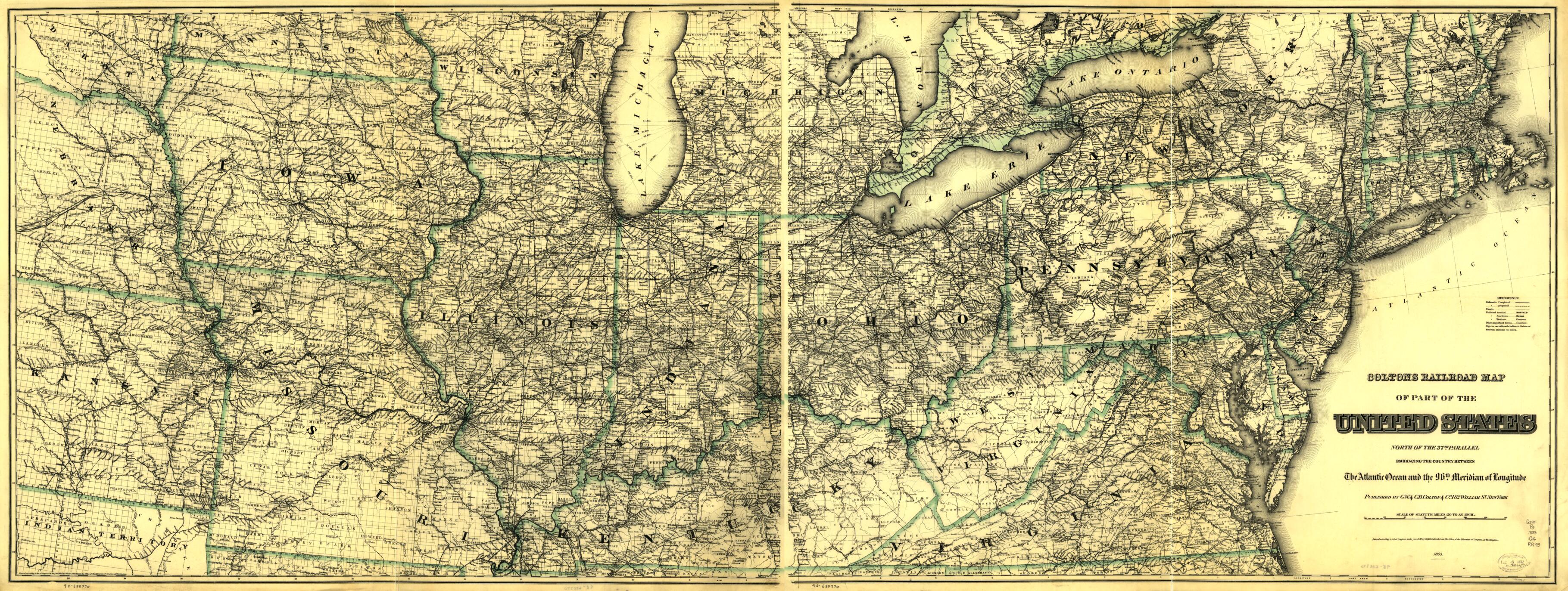 This old map of Coltons Railroad Map of Part of the United States North of the 37th Parallel Embracing the Country Between the Atlantic Ocean and the 96th Meridian of Longitude from 1883 was created by G.W. & C.B. Colton & Co in 1883