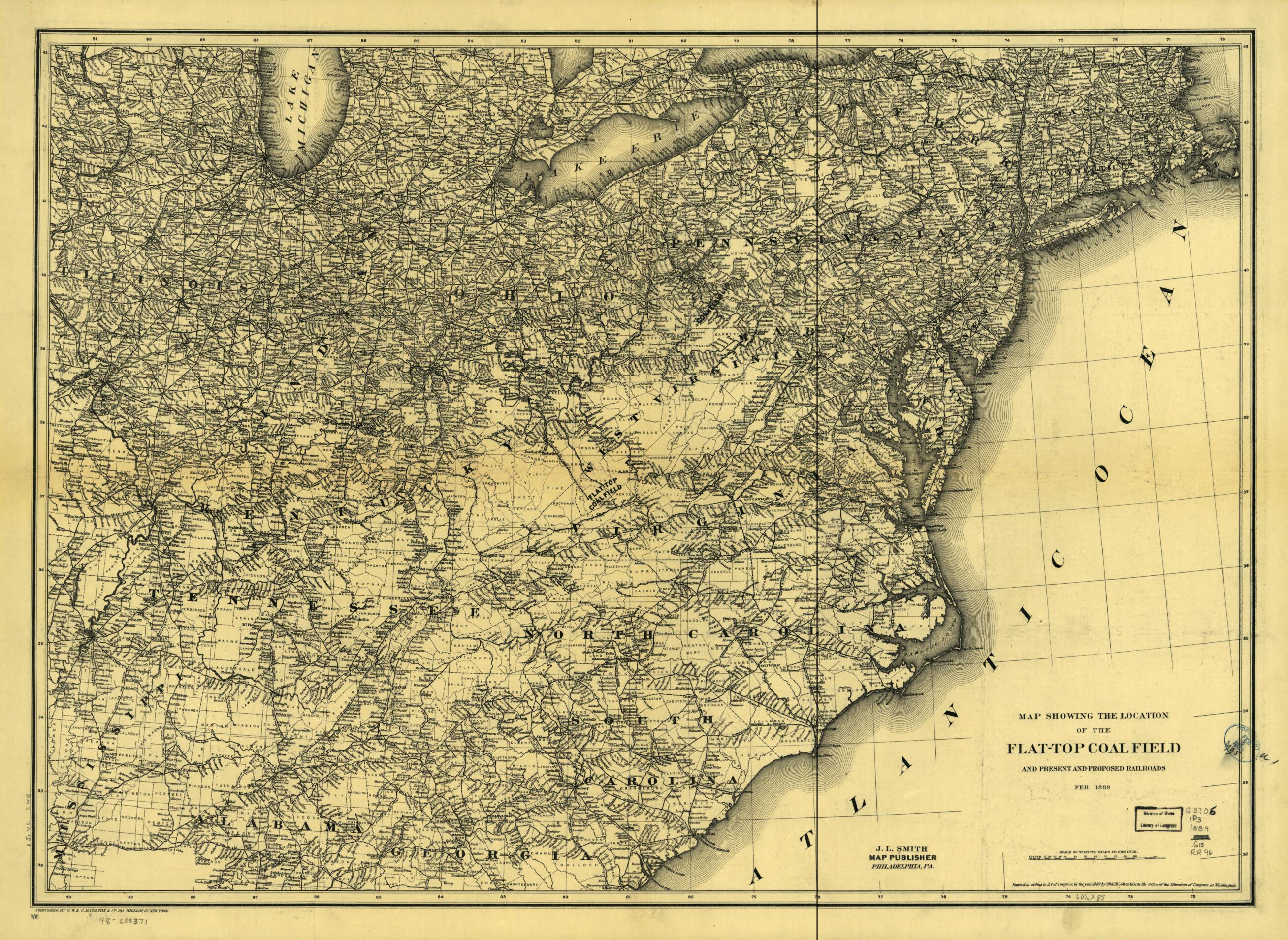 This old map of Top Coal Field and Present and Proposed Railroads from 1889 was created by G.W. & C.B. Colton & Co in 1889