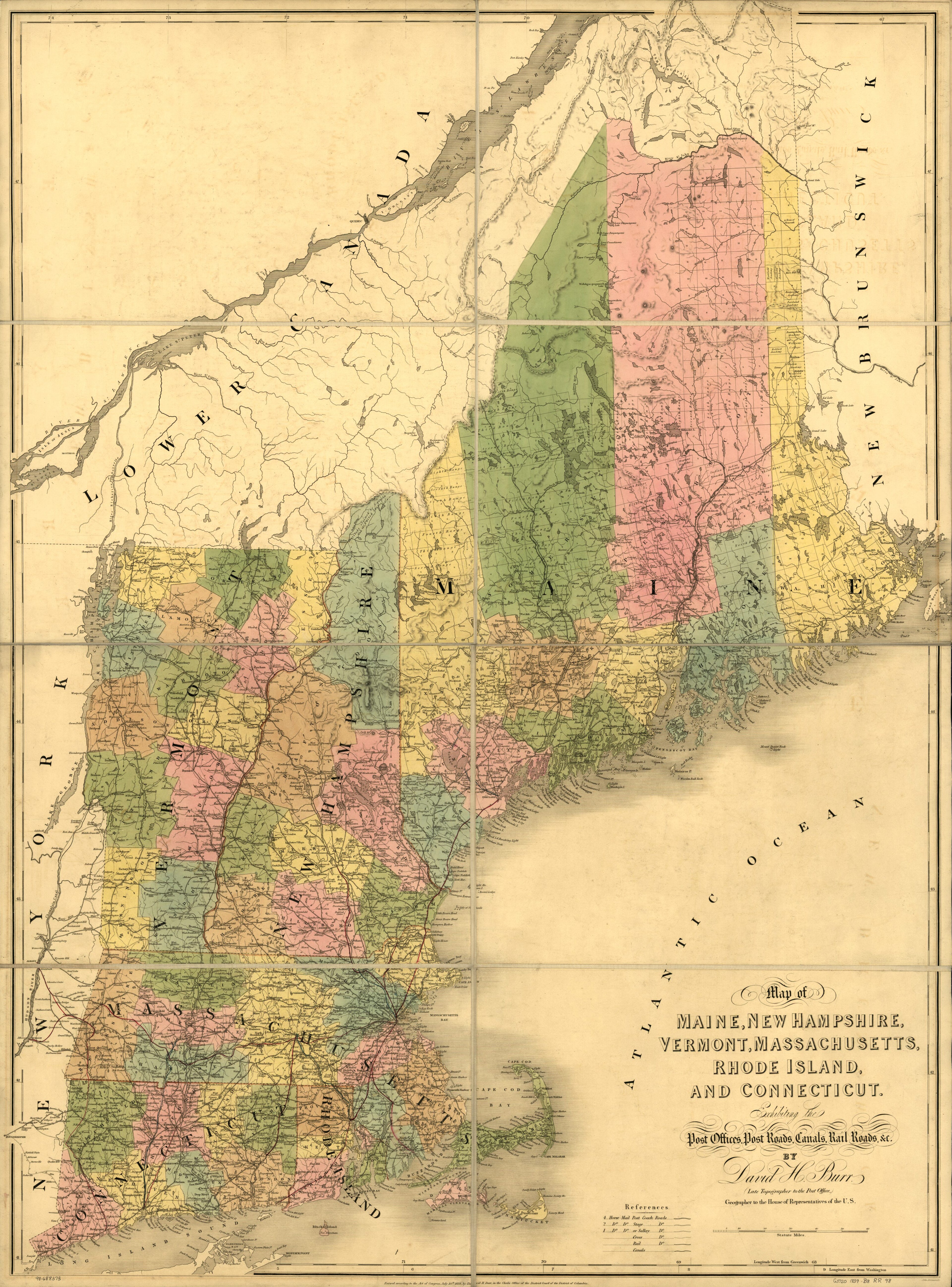 This old map of Map of Maine, New Hampshire, Vermont, Massachusetts, Rhode Island, and Connecticut Exhibiting the Post Offices, Post Roads, Canals, Rail Roads, &c from 1839 was created by John Arrowsmith, David H. Burr in 1839