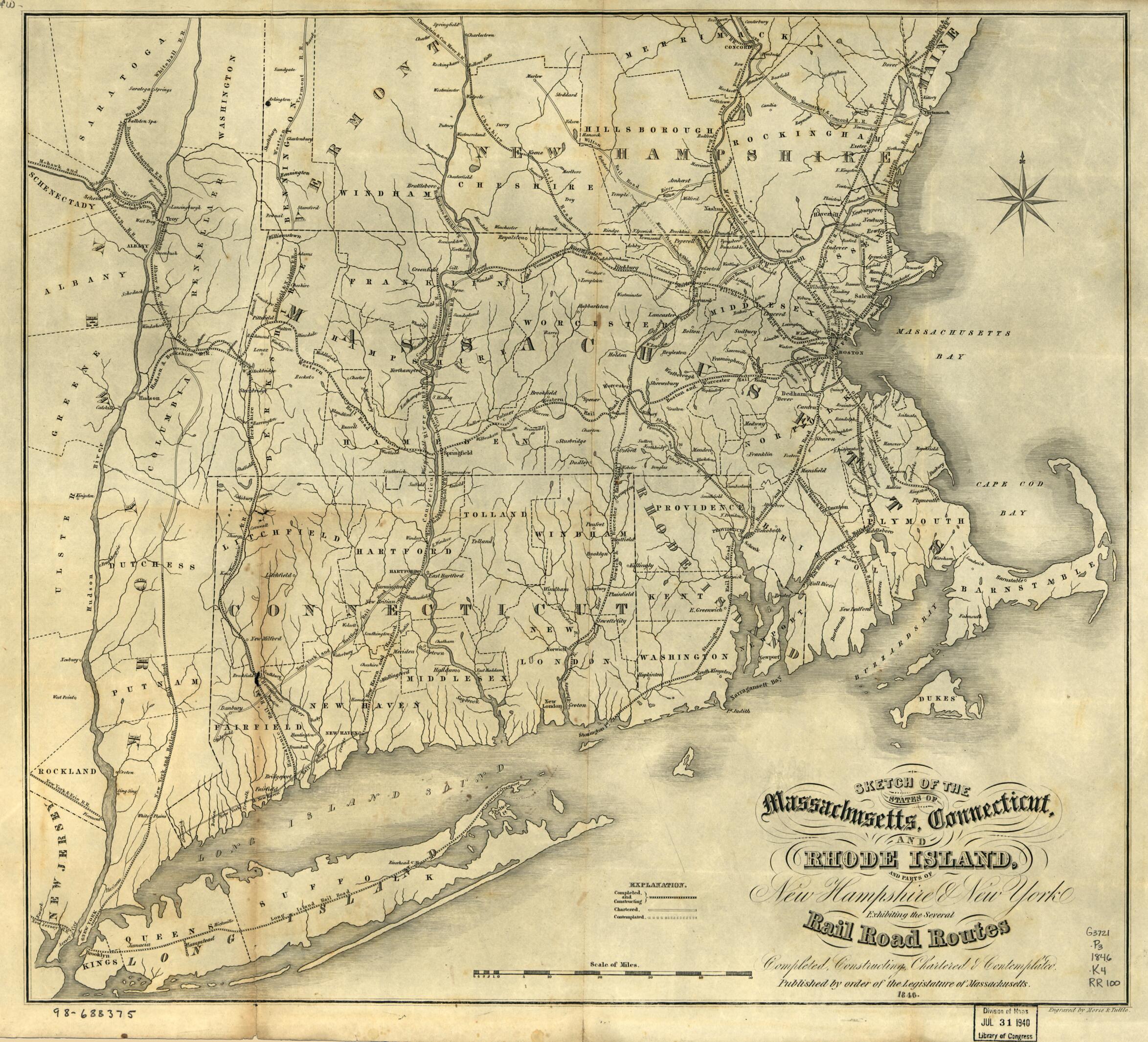 This old map of Sketch of the States of Massachusetts, Connecticut, and Rhode Island, and Parts of New Hampshire & New York Exhibiting the Several Rail Road Routes Completed, Constructing, Chartered & Contemplated; Published by Order of the Legislature o