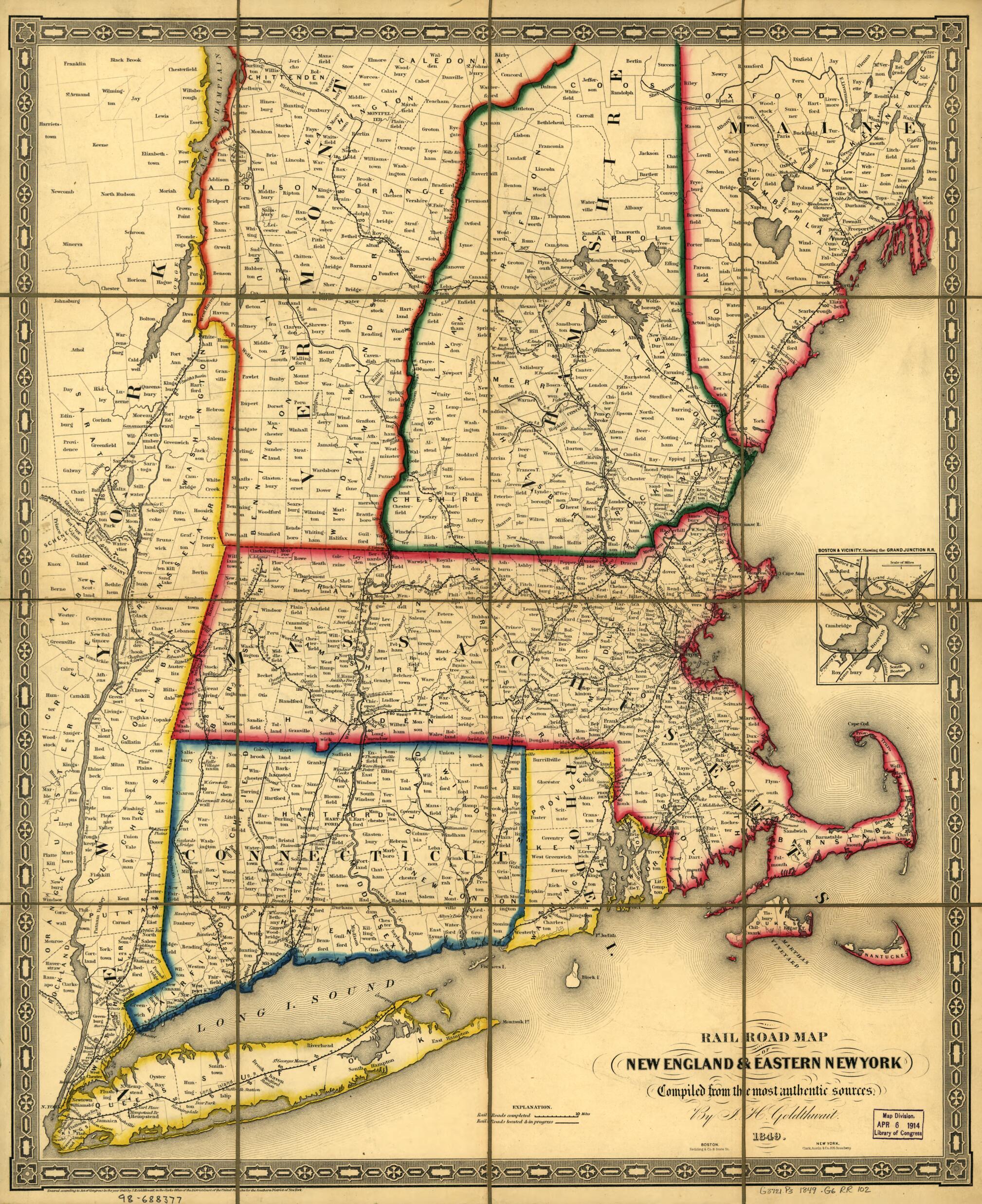 This old map of Railroad Map of New England & Eastern New York Complied from the Most Authentic Sources from 1849 was created by J. H. Goldthwait in 1849