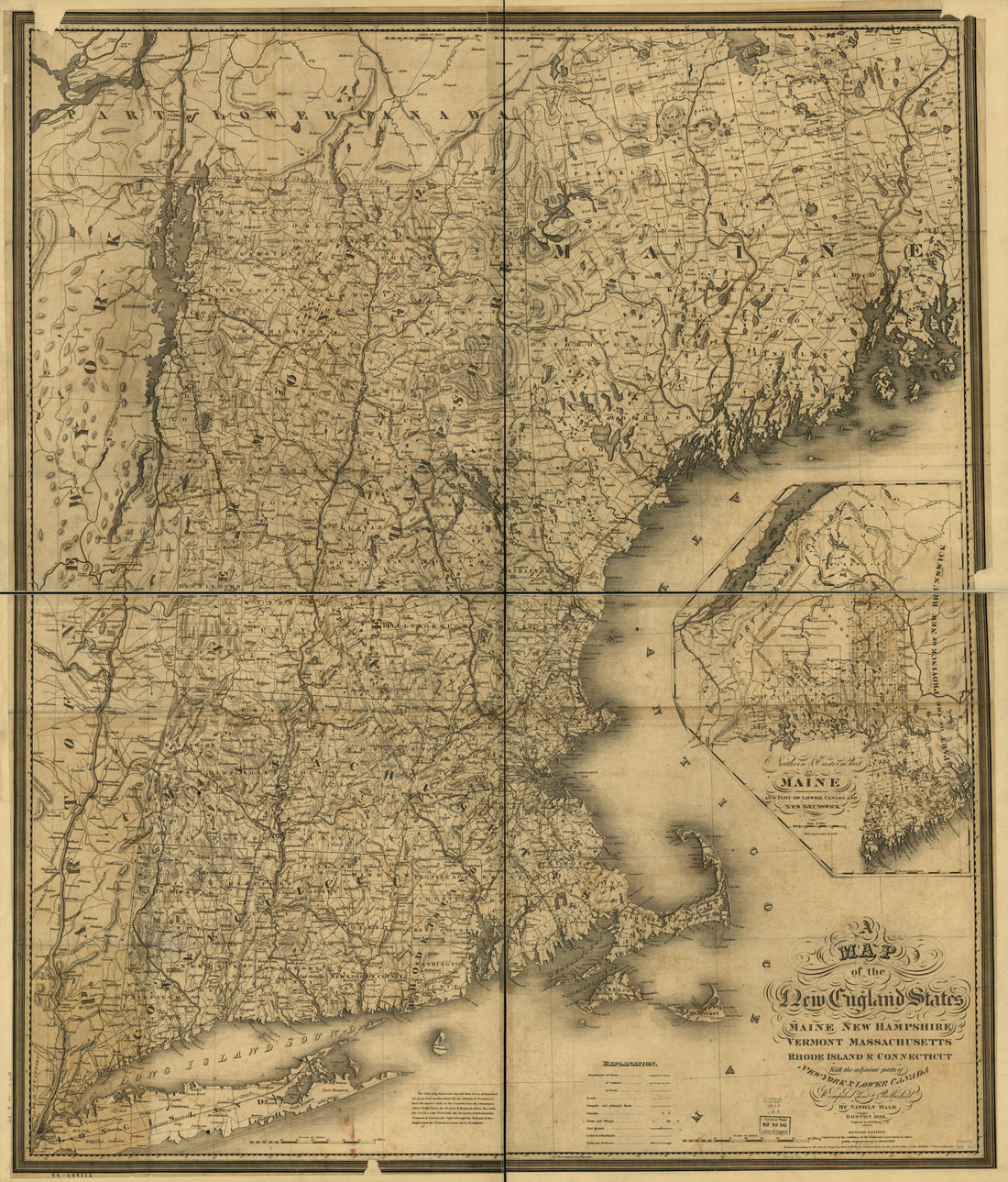 This old map of A Map of the New England States, Maine, New Hampshire, Vermont, Massachusetts, Rhode Island & Connecticut With the Adjacent Parts of New York & Lower Canada; Compiled and Published by Nathan Hale, Boston, 1826 from 1849 was created by Nat