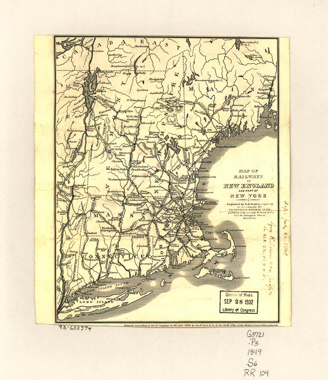 This old map of Map of Railways In New England and Part of New York; Engraved by E. A. Teulon, Expressly to Accompany the Pathfinder Railway Guide from 1849 was created by George K. Snow & Co in 1849