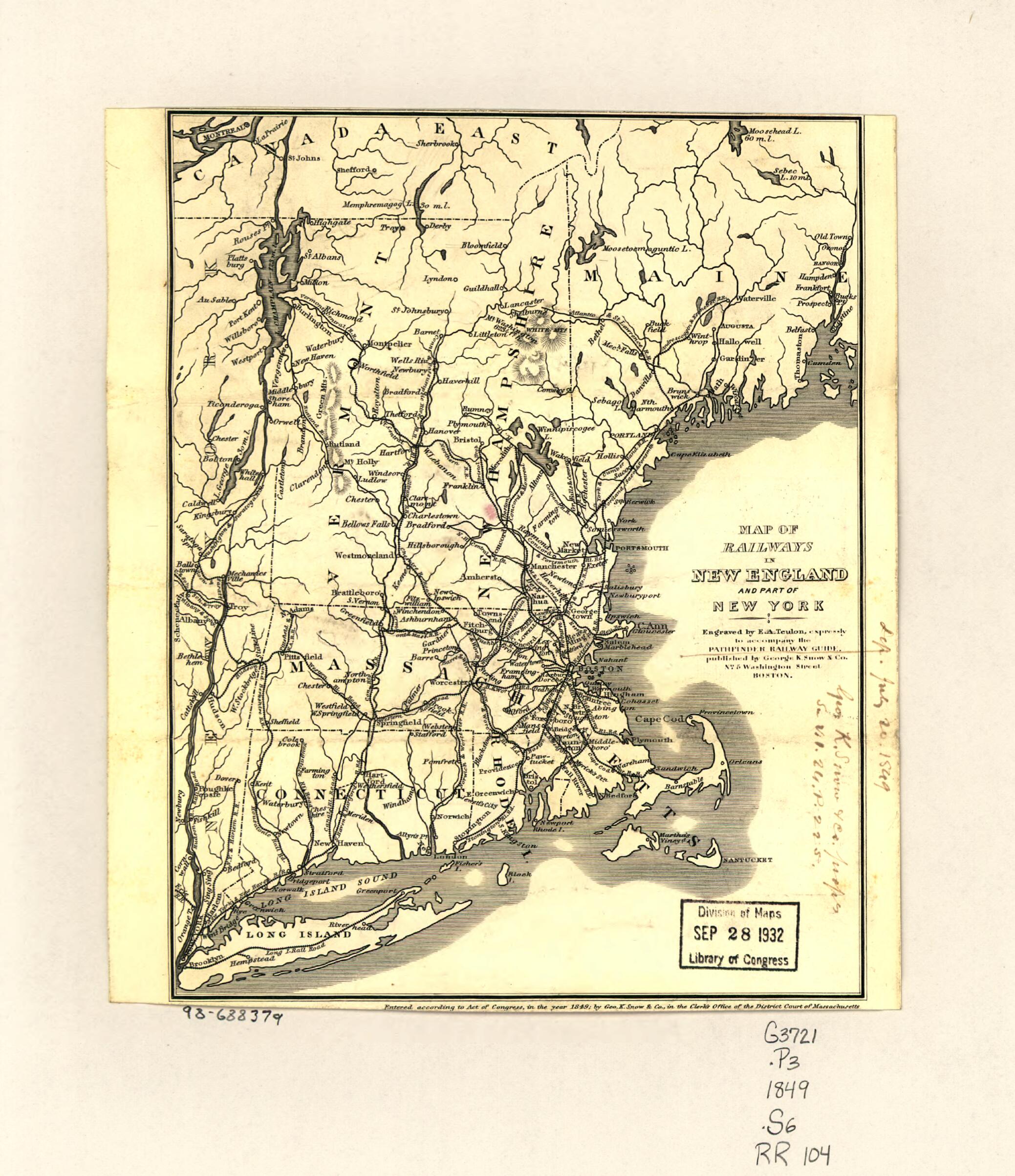 Map of Railways In New England and Part of New York; Engraved by E. A. Teulon, Expressly to Accompany the Pathfinder Railway Guide in 1849 by Relic Map Company