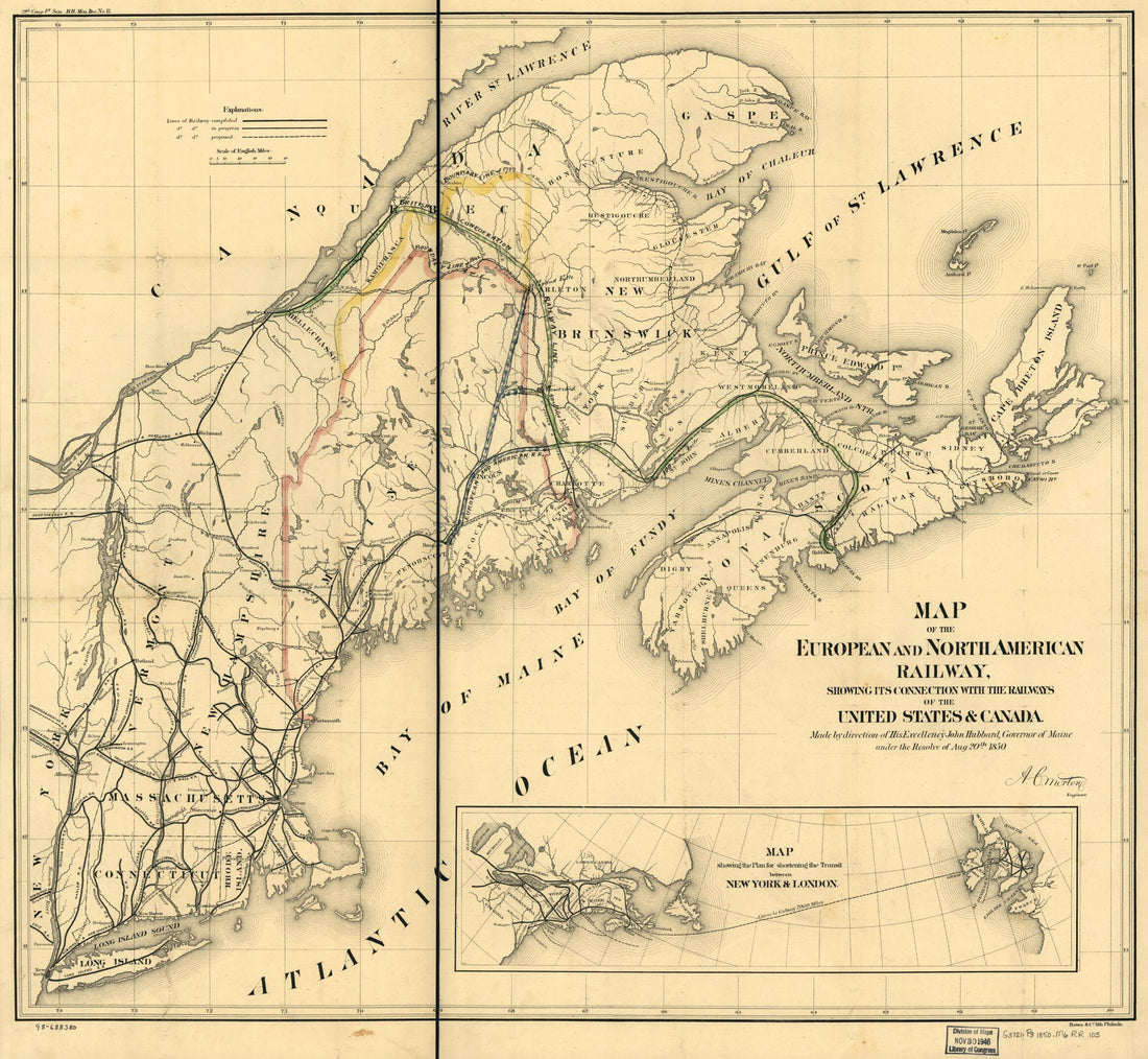 This old map of Map of the European and North American Railway, Showing Its Connection With the Railways of the United States & Canada; Made by Direction of His Excellency John Hubbard, Governor of Maine Under the Resolve of Aug. 20th from 1850 was creat