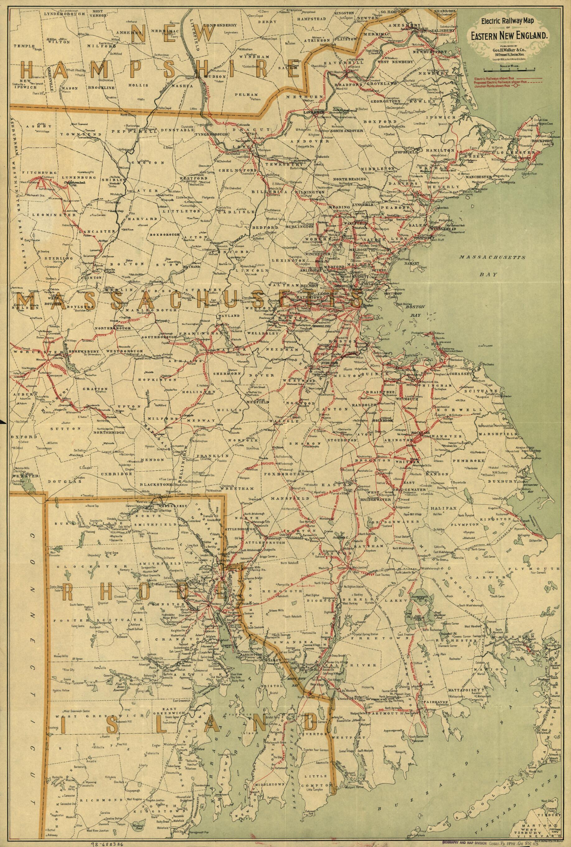 This old map of Electric Railway Map of Eastern New England from 1898 was created by Geo. H. Walker & Co in 1898