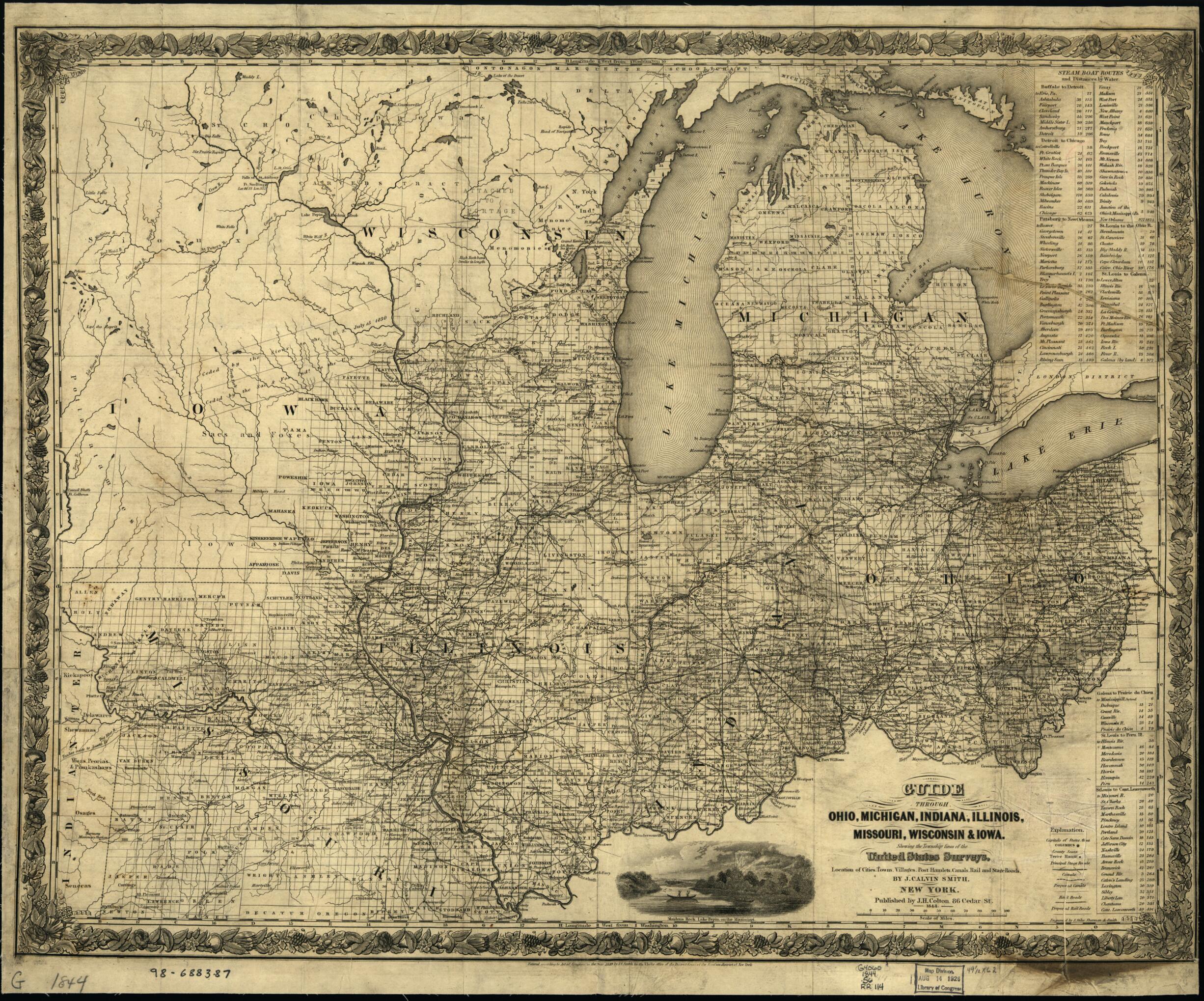This old map of Guide Through Ohio, Michigan, Indiana, Illinois, Missouri, Wisconsin & Iowa; by J. Calvin Smith, Engraved by S. Stiles, Sherman & Smith from 1844 was created by J. Calvin (John Calvin) Smith in 1844