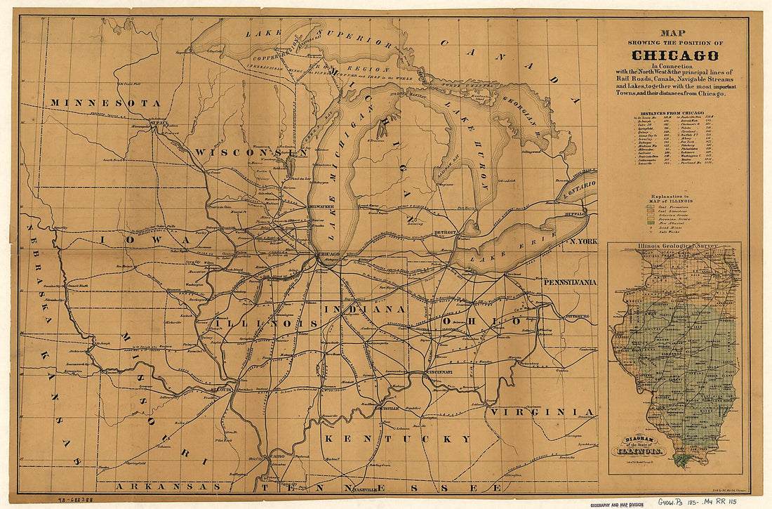 This old map of Map Showing the Position of Chicago In Connection With the North West & the Principal Lines of Rail Roads, Canals, Navigable Streams and Lakes, Together With the Most Important Towns, and Their Distances from Chicago from 1850 was created