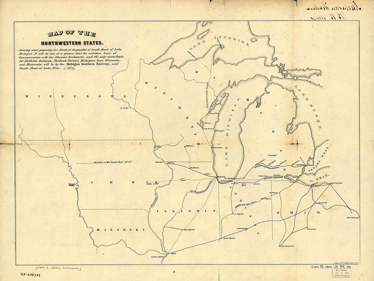 Map of the Northwestern States. Shewing sic What Proportion Lies North of the Parallel of South Bend of Lake Michigan. It Will Be Seen at a Glance, That the Unbroken Line of Communication With the Atlantic Seaboard, and the Only Winter Route for North... by Relic Map Company