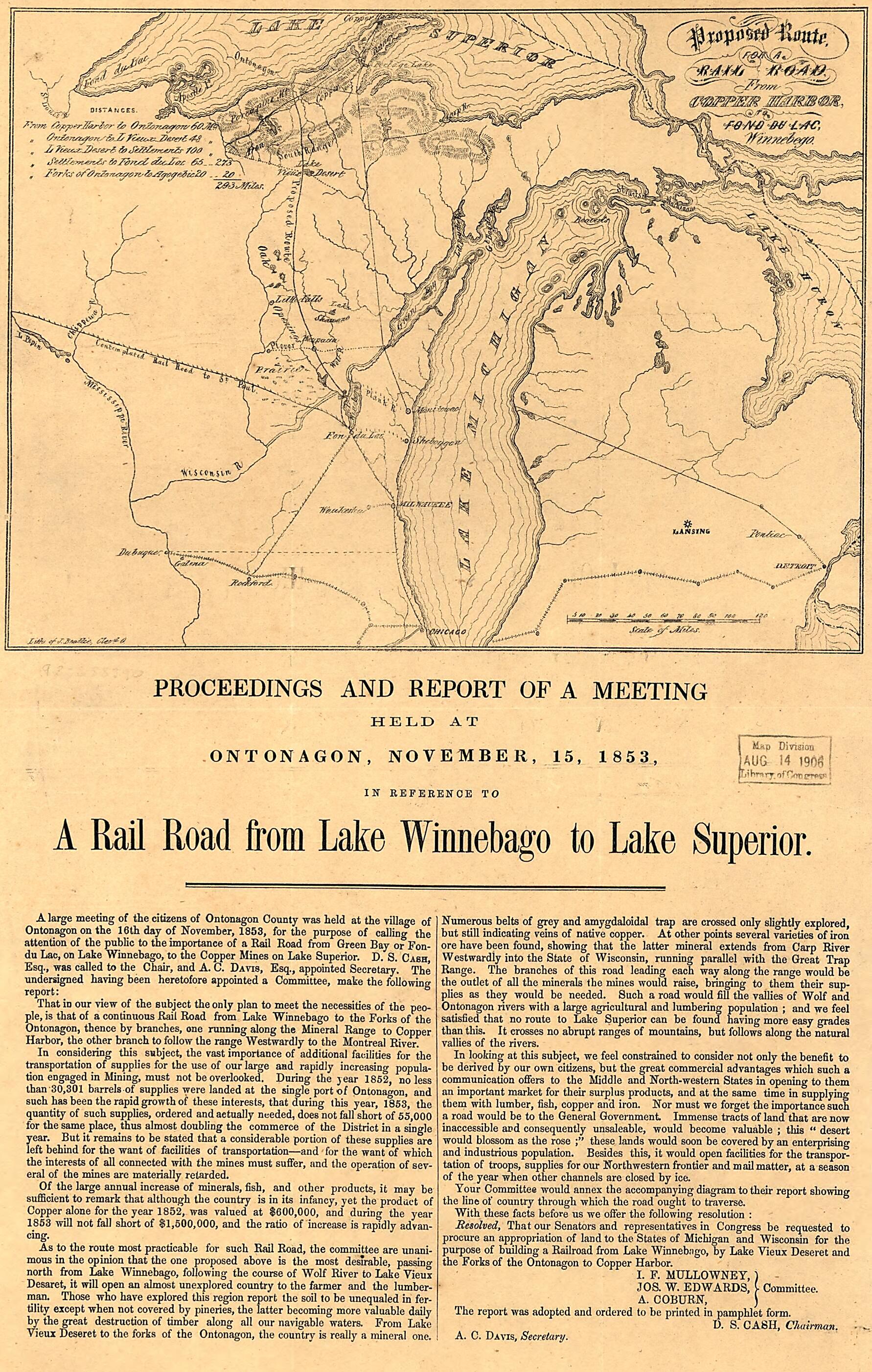 This old map of Proposed Route for a Rail Road from Copper Harbor, to Fond Du Lac, Winnebego from 1853 was created by in 1853
