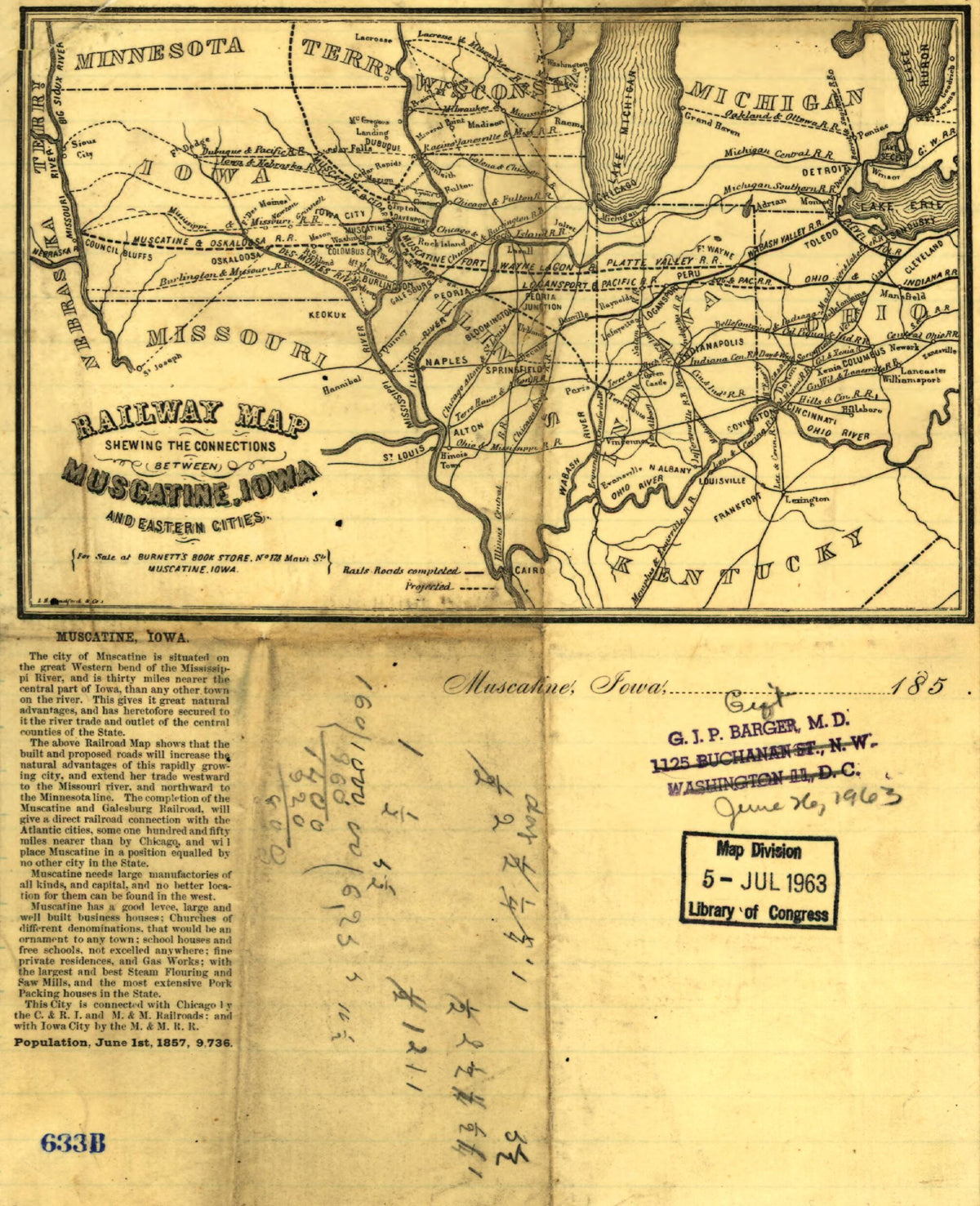 Railway Map Shewing sic the Connections Between Muscatine, Iowa and the Eastern Cities 1857 by Relic Map Company
