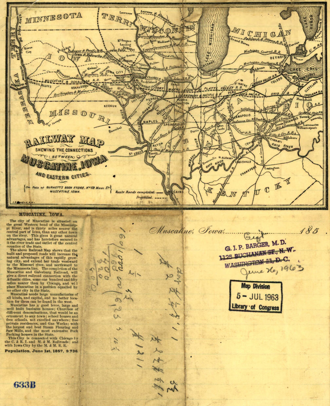 This old map of Railway Map Shewing sic the Connections Between Muscatine, Iowa and the Eastern Cities from 1857 was created by L.H. Bradford & Co in 1857
