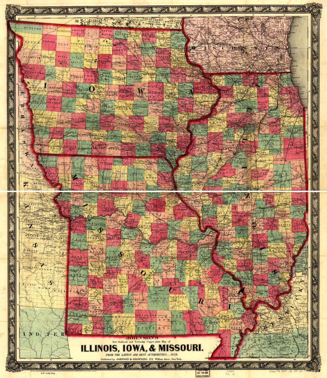 This old map of Plate Map of Illinois, Iowa, & Missouri, from the Latest and Best Authorities from 1859 was created by Johnson & Browning, A. J. (Alvin Jewett) Johnson in 1859