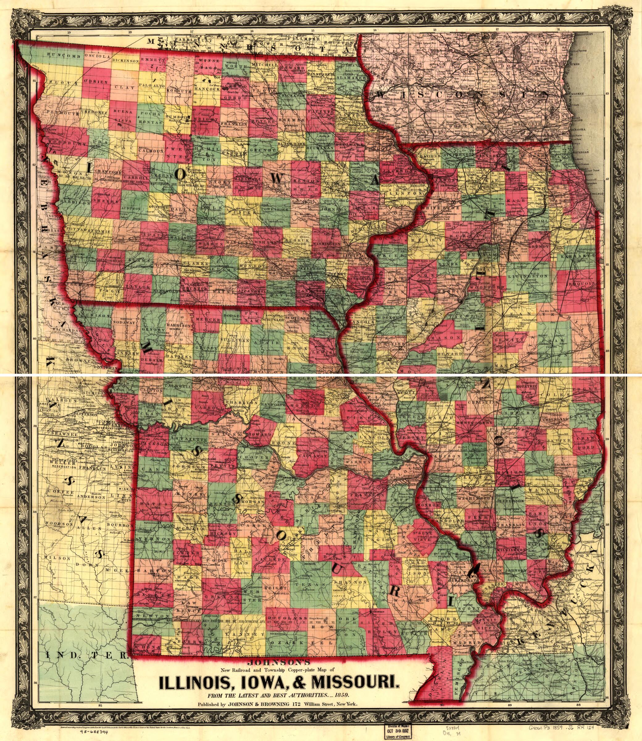 This old map of Plate Map of Illinois, Iowa, & Missouri, from the Latest and Best Authorities from 1859 was created by Johnson & Browning, A. J. (Alvin Jewett) Johnson in 1859