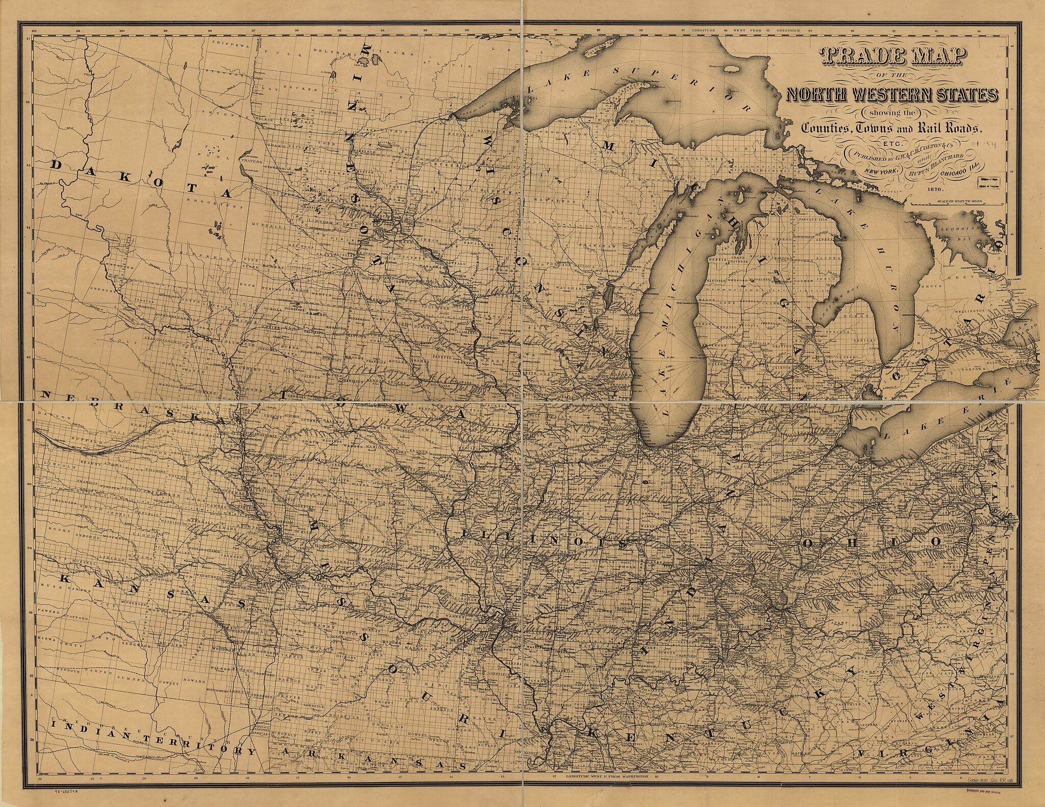 This old map of Trade Map of the North Western States Showing the Counties, Towns and Rail Roads, Etc from 1870 was created by G.W. & C.B. Colton & Co in 1870