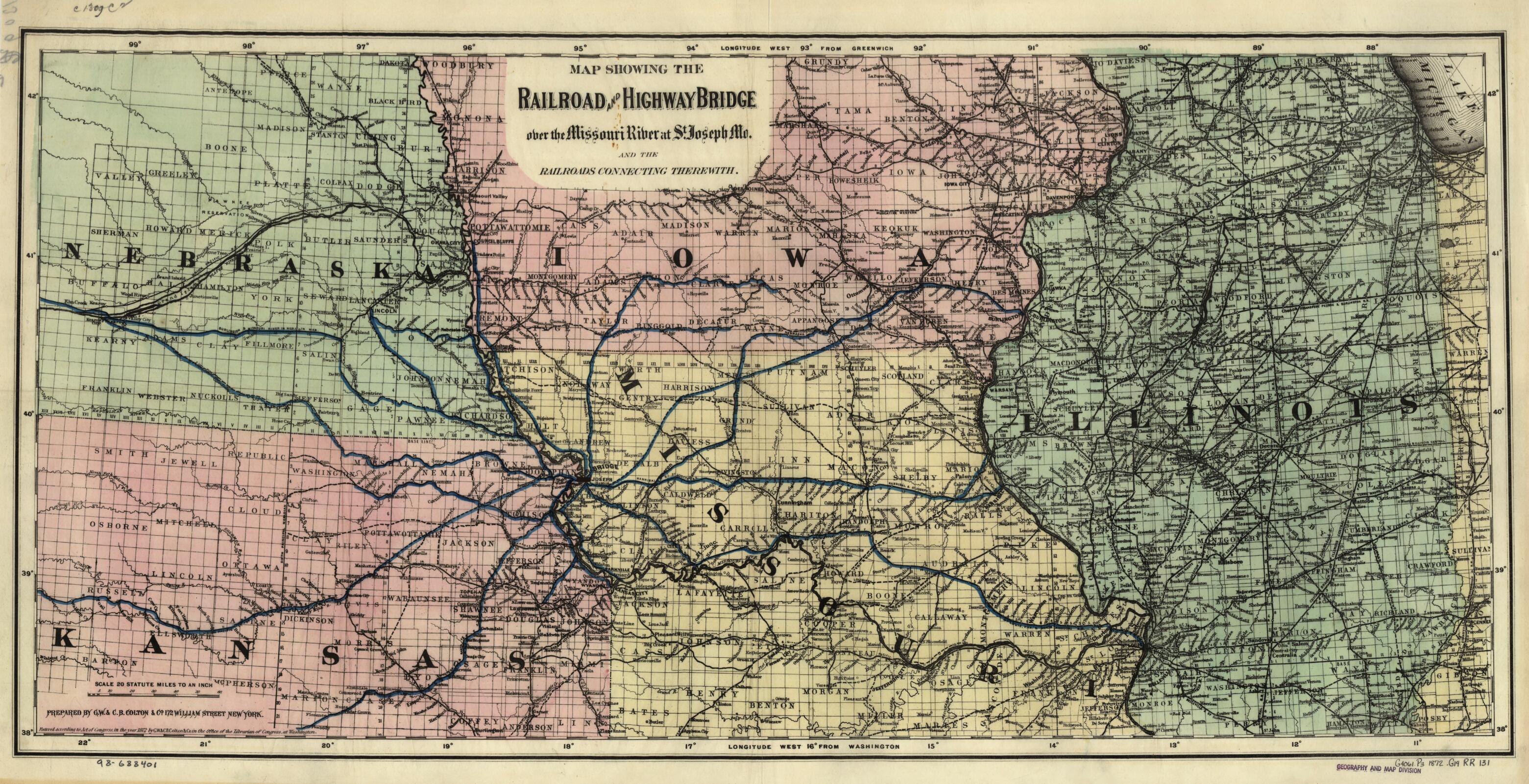 This old map of Map Showing the Railroad and Highway Bridge Over the Missouri River at St. Joseph, Mo. and the Railroads Connecting Therewith from 1872 was created by G.W. & C.B. Colton & Co in 1872