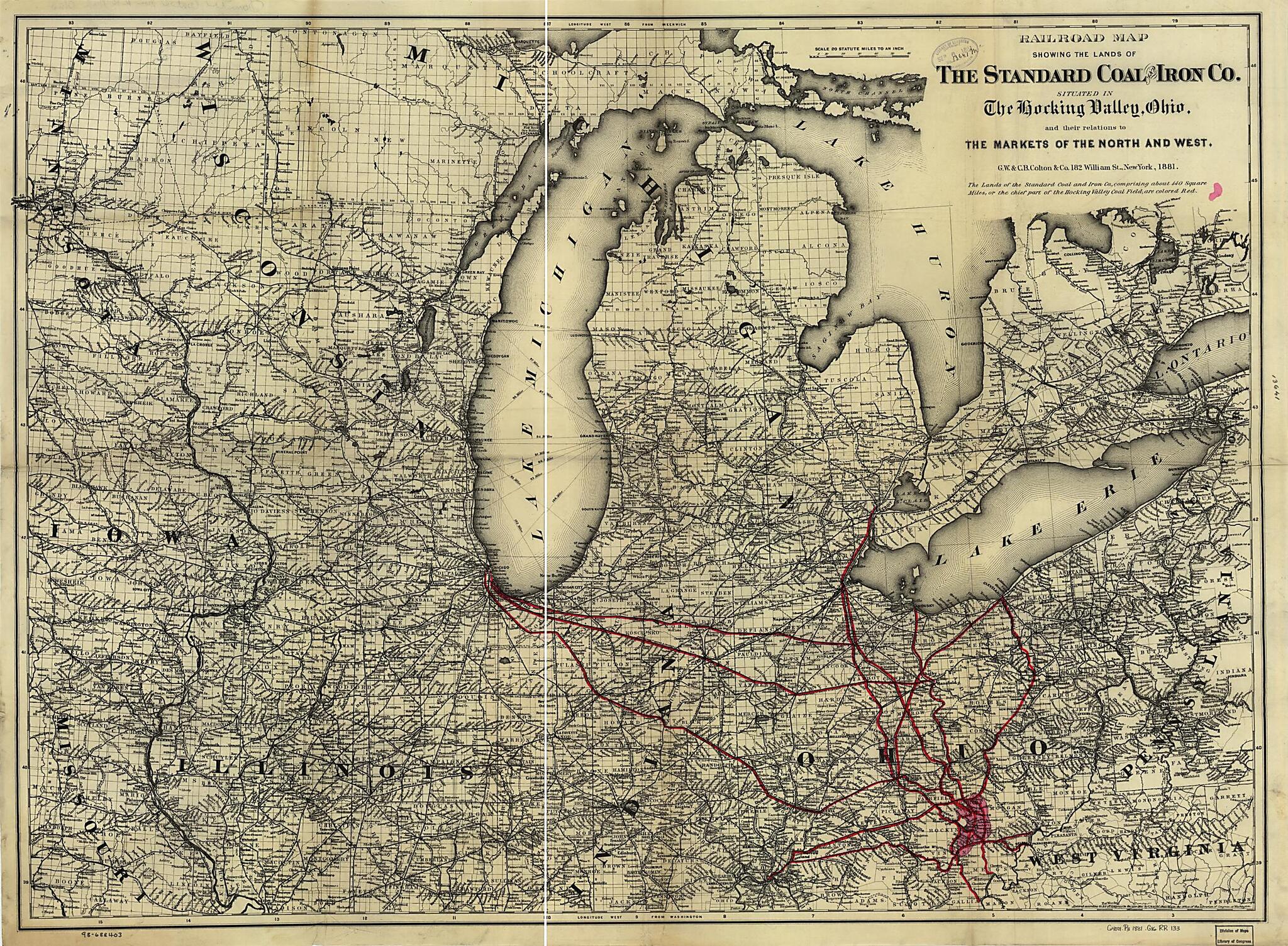This old map of Railroad Map Showing the Lands of the Standard Coal and Iron County Situated In the Hocking Valley, Ohio, and Their Relation to the Markets of the North and West from 1881 was created by G.W. & C.B. Colton & Co in 1881