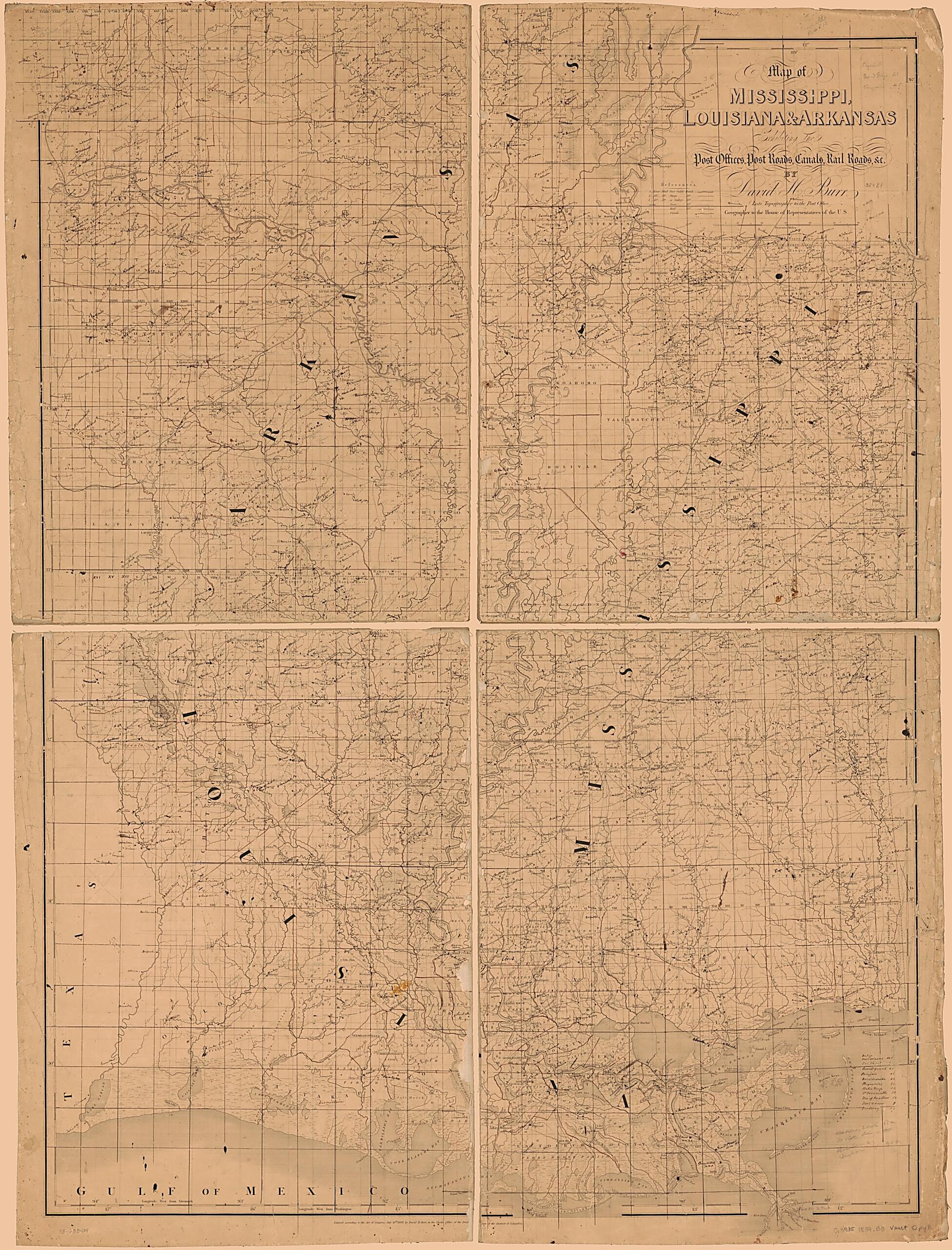 This old map of Map of Mississippi, Louisiana & Arkansas Exhibiting the Post Offices, Post Roads, Canals, Rail Roads, &c. (Map of Mississippi, Louisiana and Arkansas Exhibiting the Post Offices, Post Roads, Canals, Rail Roads, &c) from 1839 was created b