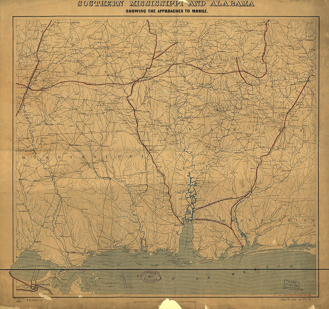 This old map of Southern Mississippi and Alabama Showing the Approaches to Mobile from 1863 was created by United States Coast Survey in 1863