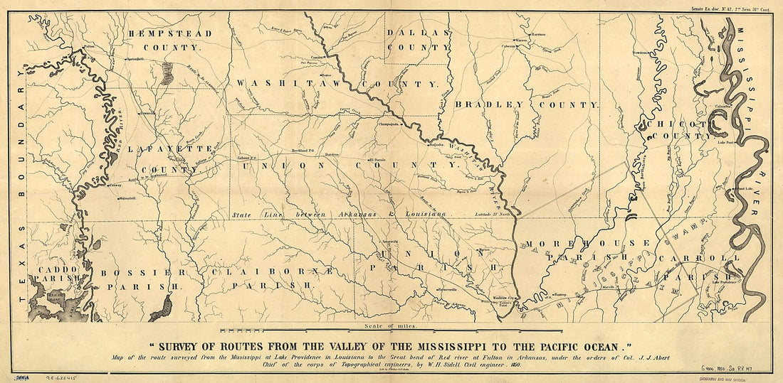 This old map of Map of the Route Surveyed from the Mississippi at Lake Providence In Louisiana to the Great Bend of Red River at Fulton In Arkansas from 1850 was created by William Henry Sidell in 1850