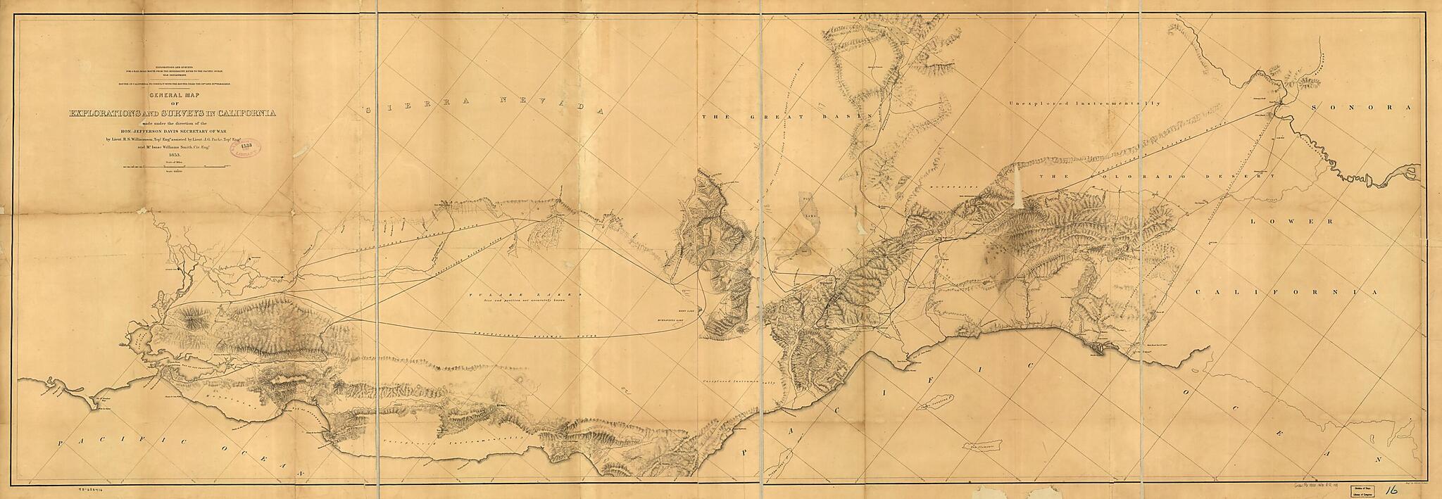 This old map of General Map of Explorations and Surveys In California from 1853 was created by Jefferson Davis, John G. Parke, Selmar Siebert, United States. War Department, Issac Williams Smith, R. S. (Robert Stockton) Williamson in 1853