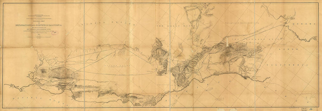 This old map of General Map of Explorations and Surveys In California from 1853 was created by Jefferson Davis, John G. Parke, Selmar Siebert, United States. War Department, Issac Williams Smith, R. S. (Robert Stockton) Williamson in 1853
