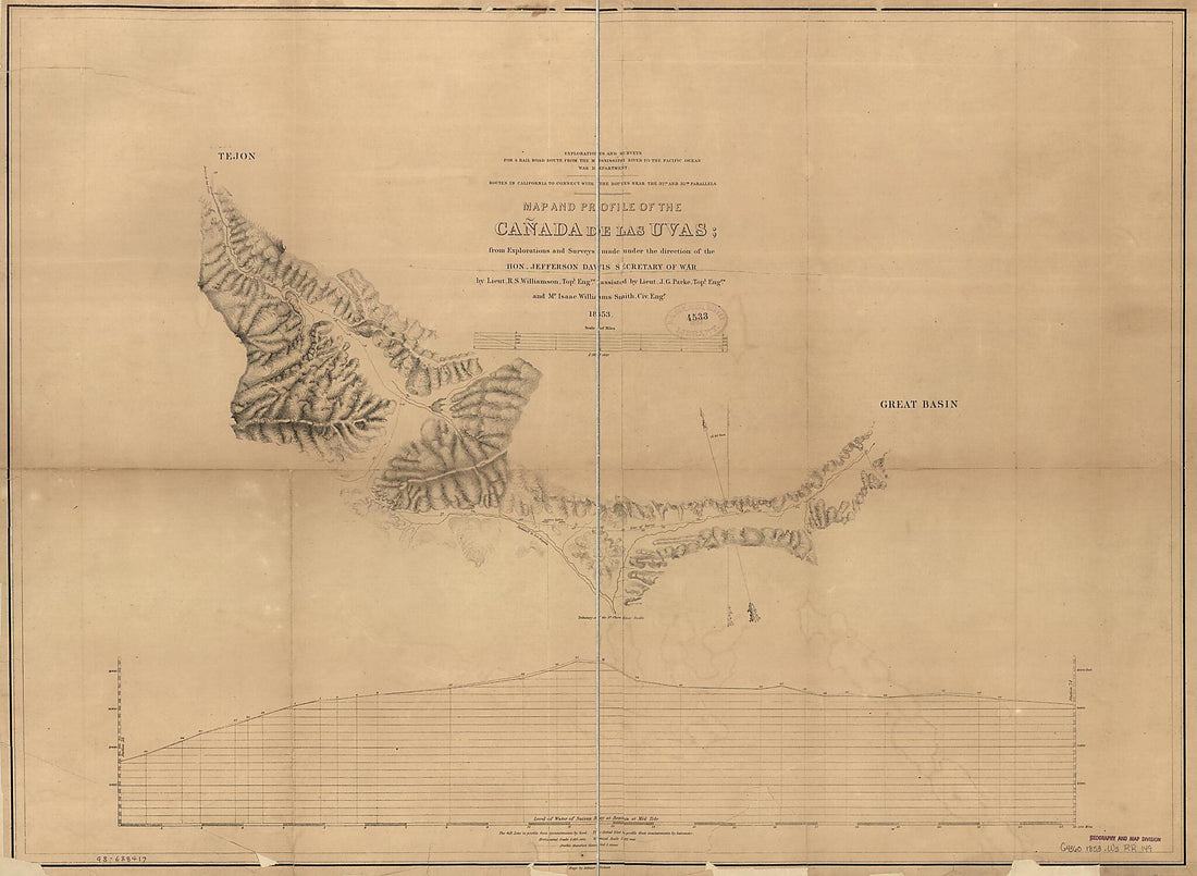 This old map of Map and Profile of the Cañada De Las Uvas : from Explorations and Surveys from 1853 was created by Jefferson Davis, John G. Parke, Selmar Siebert, United States. War Department, Issac Williams Smith, R. S. (Robert Stockton) Williamson i