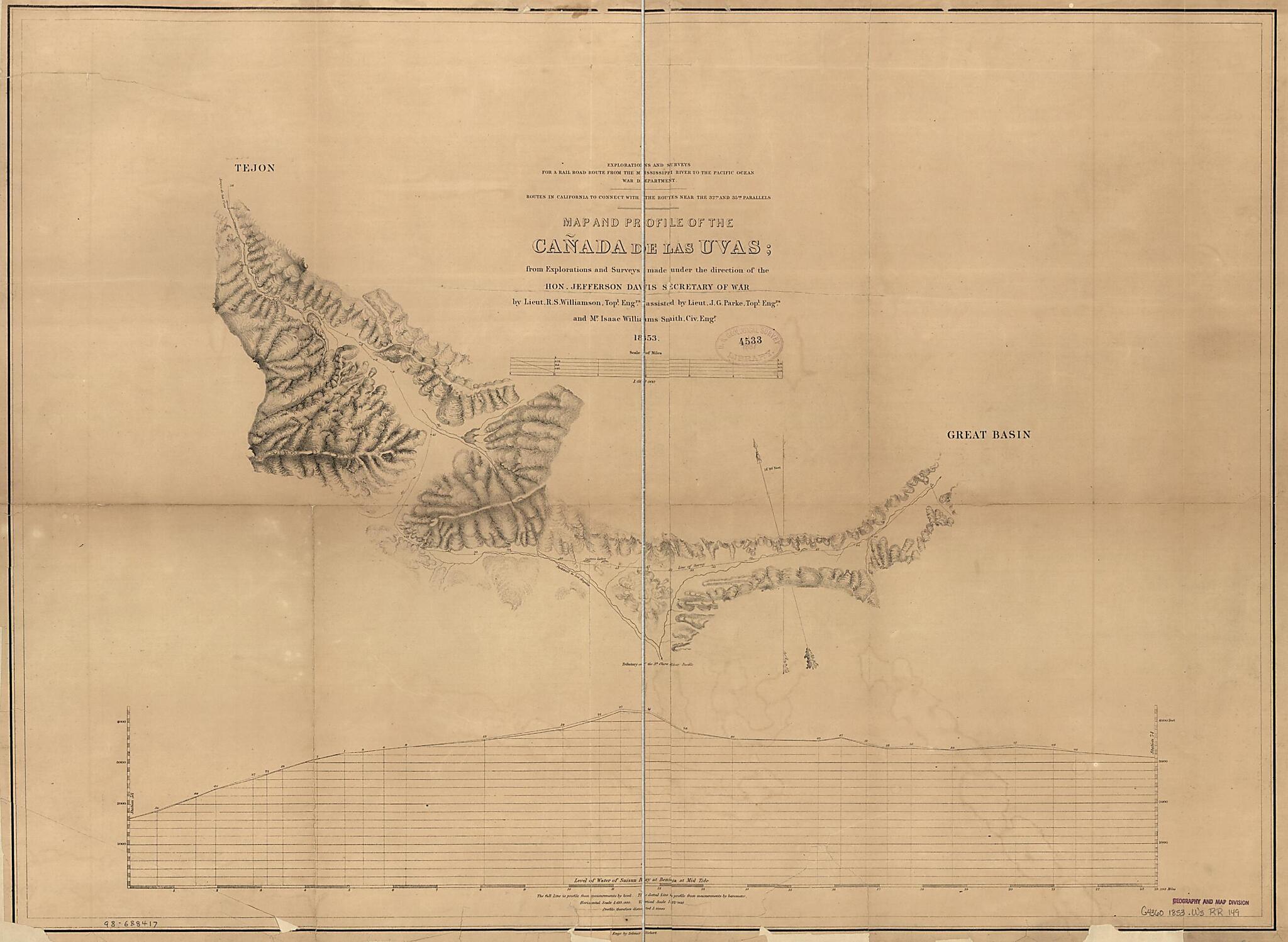 This old map of Map and Profile of the Cañada De Las Uvas : from Explorations and Surveys from 1853 was created by Jefferson Davis, John G. Parke, Selmar Siebert, United States. War Department, Issac Williams Smith, R. S. (Robert Stockton) Williamson i