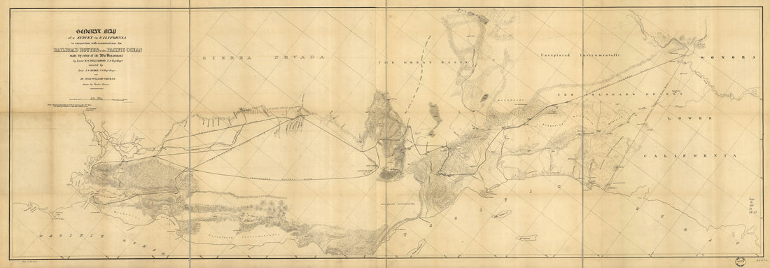 This old map of General Map of a Survey In California : In Connection With Examinations for Railroad Routes to the Pacific Ocean from 1855 was created by John G. Parke, Charles Preuss, United States. War Department, Issac Williams Smith, R. S. (Robert S