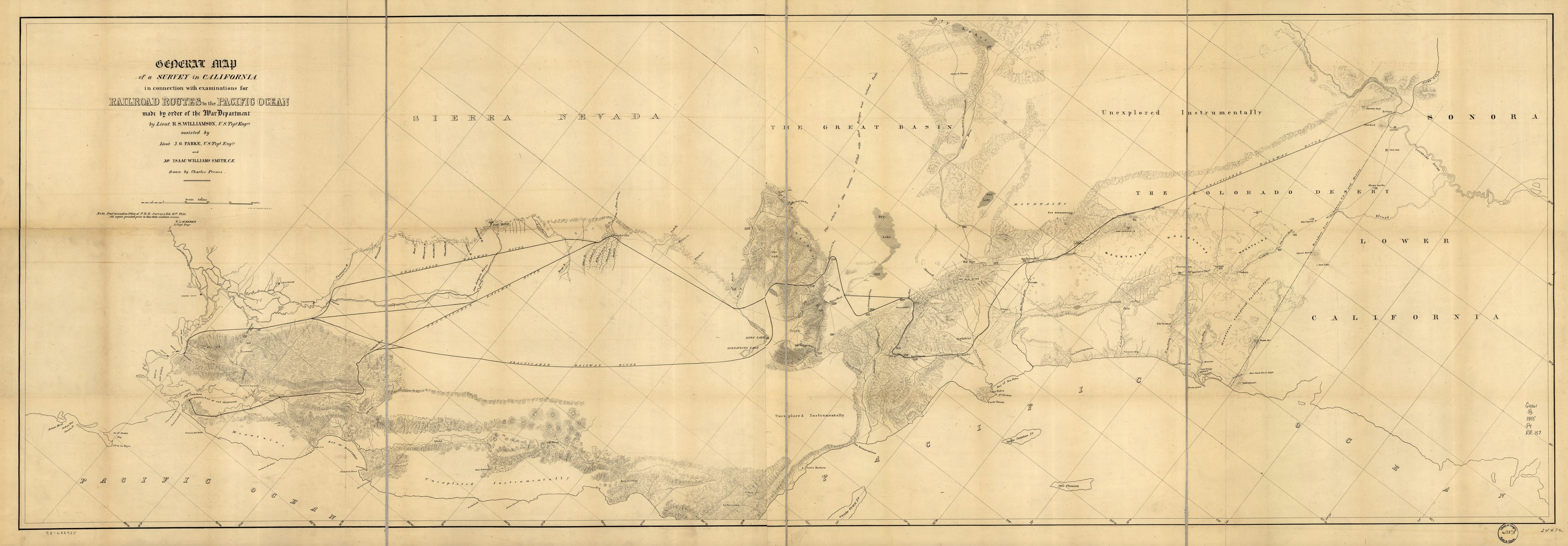 This old map of General Map of a Survey In California : In Connection With Examinations for Railroad Routes to the Pacific Ocean from 1855 was created by John G. Parke, Charles Preuss, United States. War Department, Issac Williams Smith, R. S. (Robert S