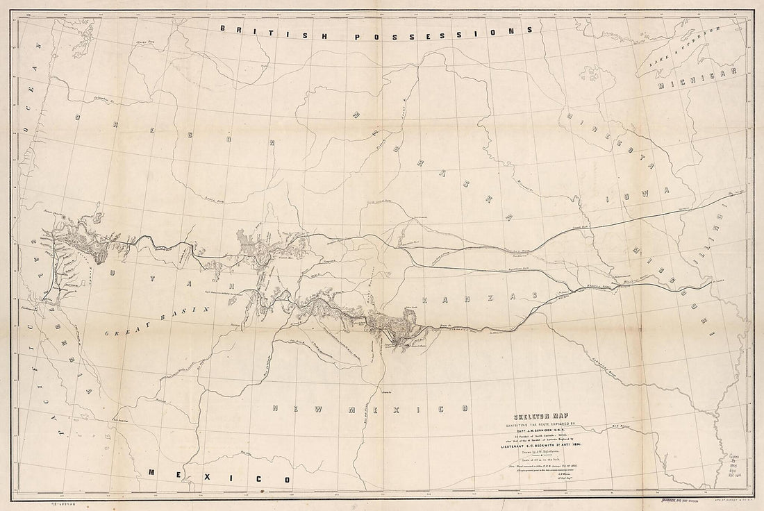 This old map of Skeleton Map Exhibiting the Route Explored by Capt. J. W. Gunnison U.S.A., 38 Parallel of North Latitude (1853), Also That of the 41 Parallel of Latitude Explored by Lieutenant E. G. P. Beckwith 3d. Arty., (1854) from 1855 was created by