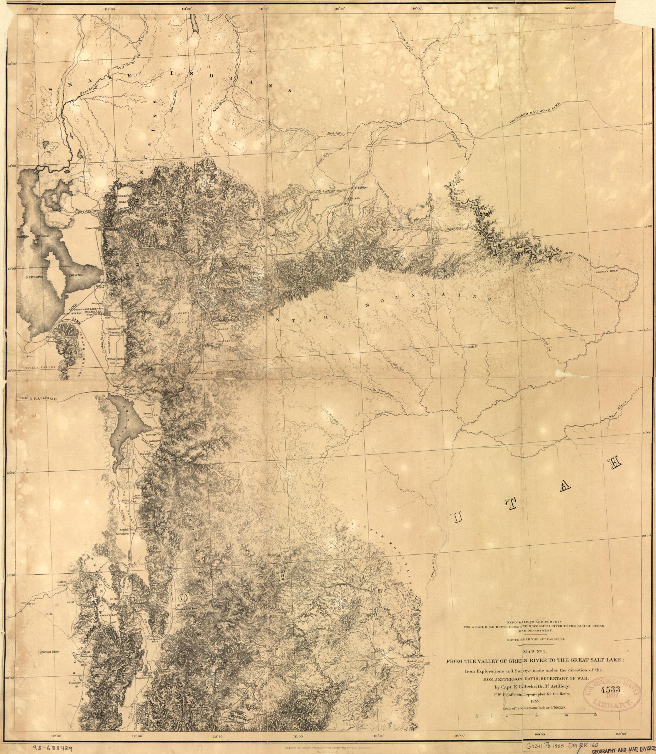 This old map of From the Valley of Green River to the Great Salt Lake from 1855 was created by E. G. (Edward Griffin) Beckwith, Jefferson Davis, F. W. Egloffstein, Selmar Siebert, United States. War Department in 1855
