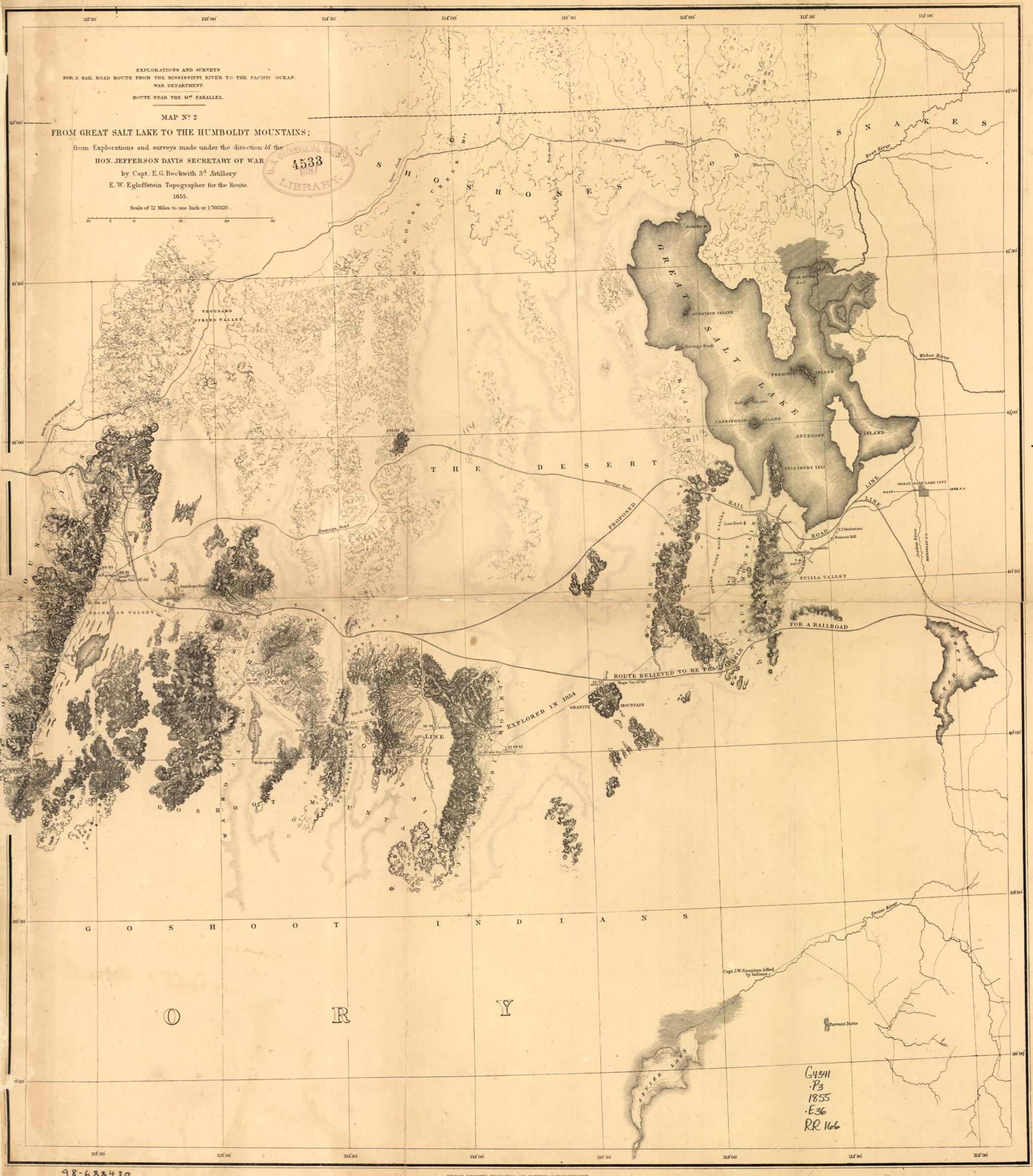 This old map of From Great Salt Lake to the Humboldt Mountains from 1855 was created by E. G. (Edward Griffin) Beckwith, Jefferson Davis, F. W. Egloffstein, Selmar Siebert, United States. War Department in 1855