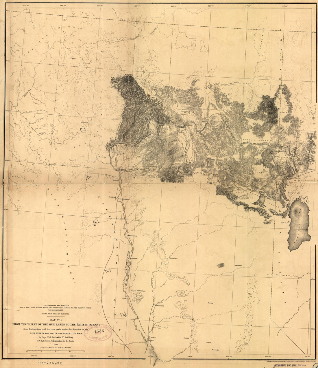 This old map of From the Valley of the Mud Lakes to the Pacific Ocean from 1855 was created by E. G. (Edward Griffin) Beckwith, Jefferson Davis, F. W. Egloffstein, Selmar Siebert, United States. War Department in 1855