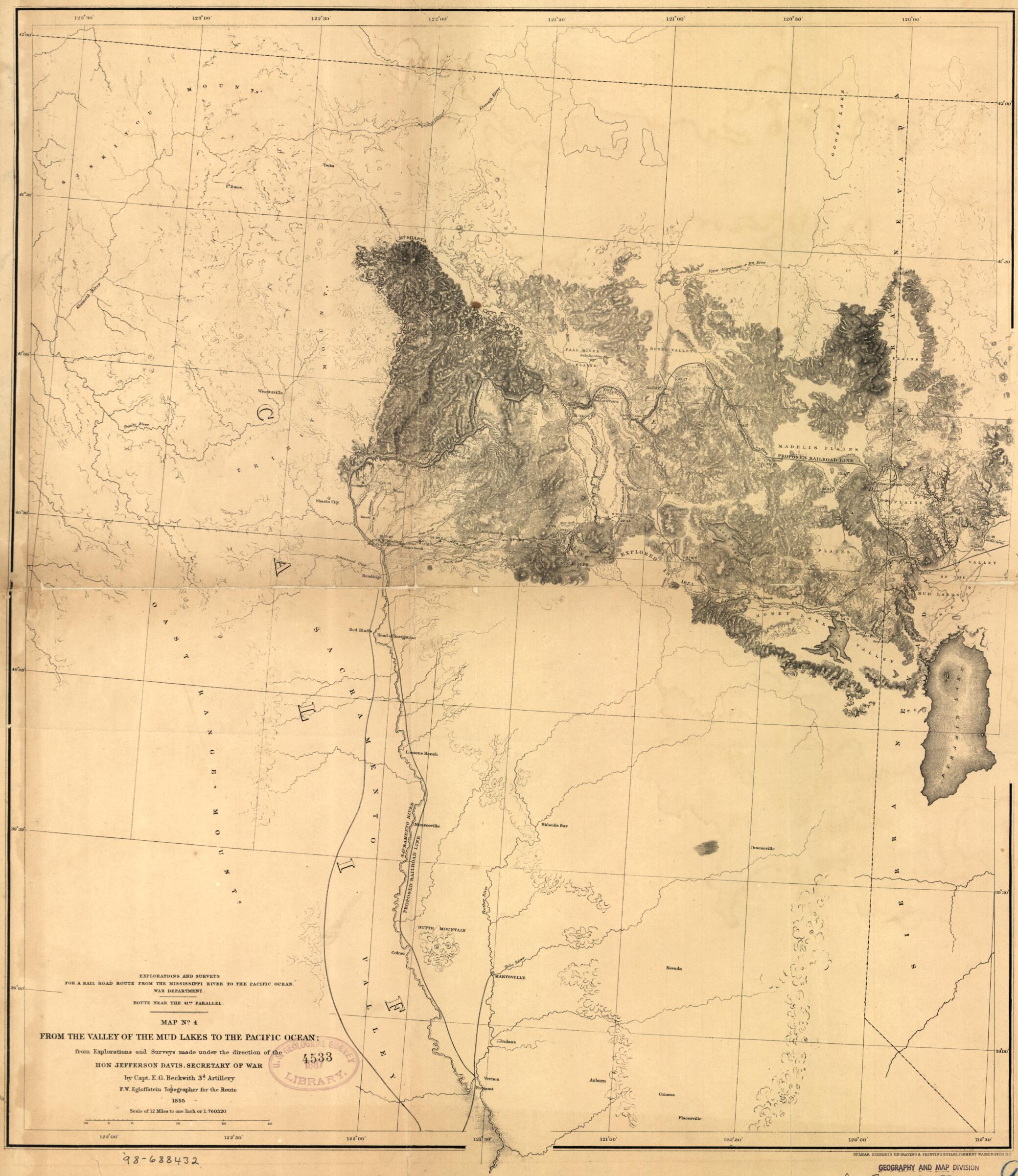 This old map of From the Valley of the Mud Lakes to the Pacific Ocean from 1855 was created by E. G. (Edward Griffin) Beckwith, Jefferson Davis, F. W. Egloffstein, Selmar Siebert, United States. War Department in 1855