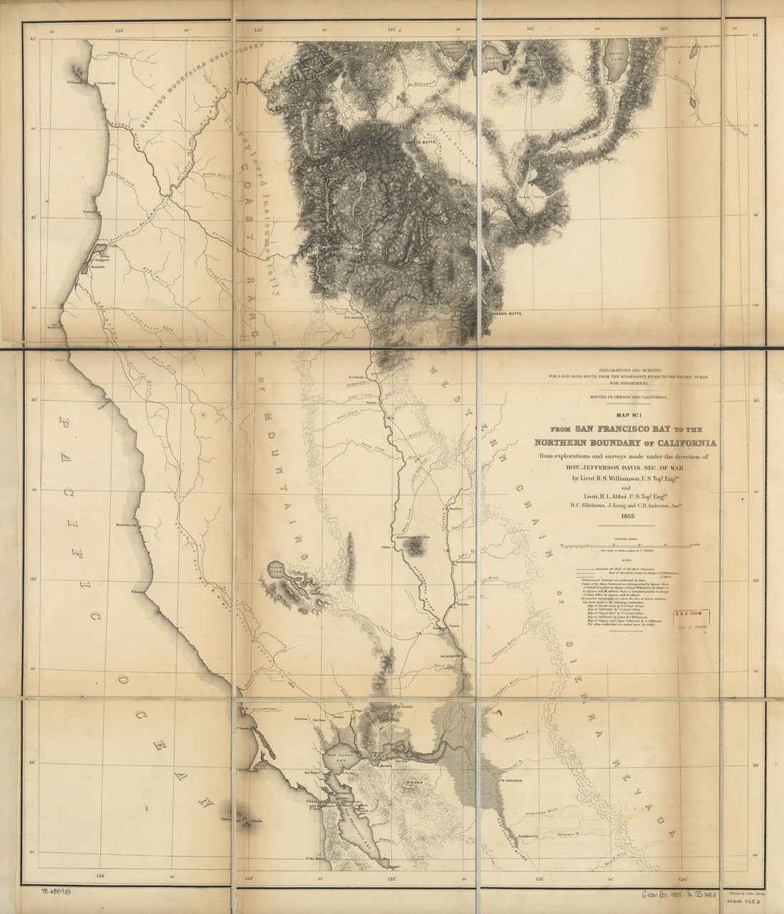 This old map of From San Francisco Bay to the Northern Boundary of California : from Explorations and Surveys from 1859 was created by Henry L. Abbot, Jefferson Davis, Selmar Siebert, United States. War Department, R. S. (Robert Stockton) Williamson, Jo