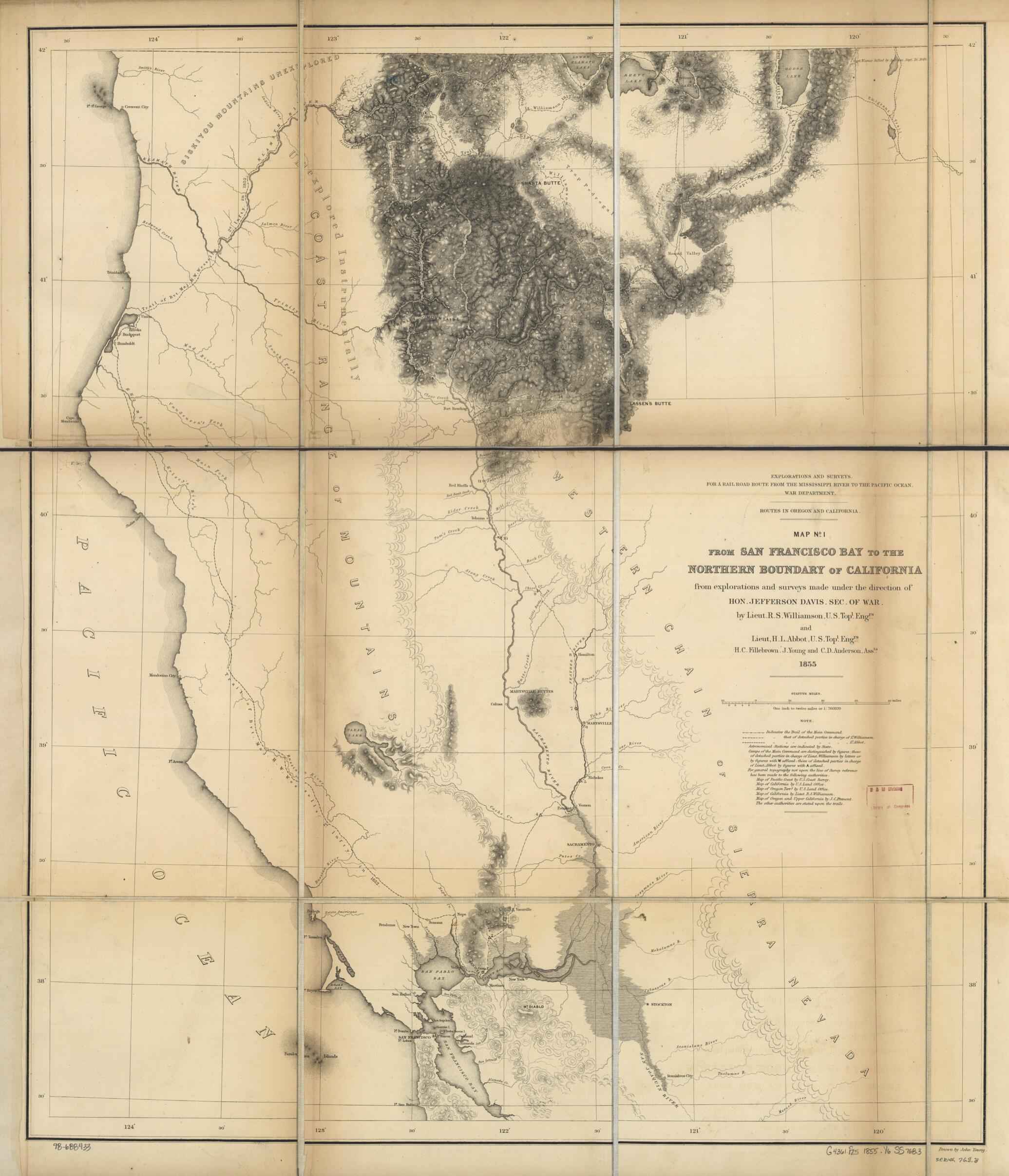 This old map of From San Francisco Bay to the Northern Boundary of California : from Explorations and Surveys from 1859 was created by Henry L. Abbot, Jefferson Davis, Selmar Siebert, United States. War Department, R. S. (Robert Stockton) Williamson, Jo
