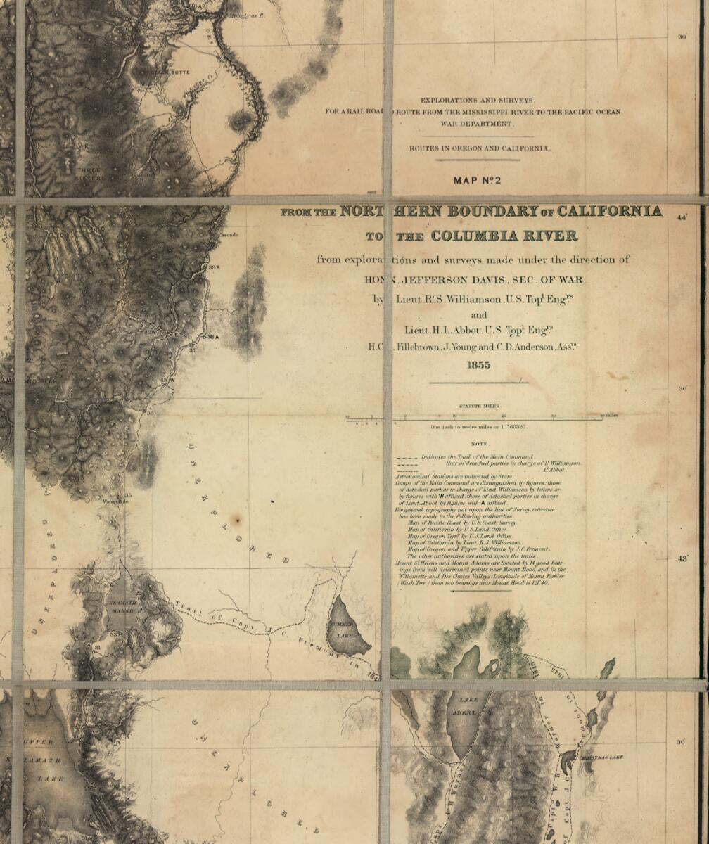 This old map of From the Northern Boundary of California to the Columbia River : from Explorations and Surveys from 1859 was created by Henry L. Abbot, Jefferson Davis, Selmar Siebert,  United States. War Department, R. S. (Robert Stockton) Williamson, J