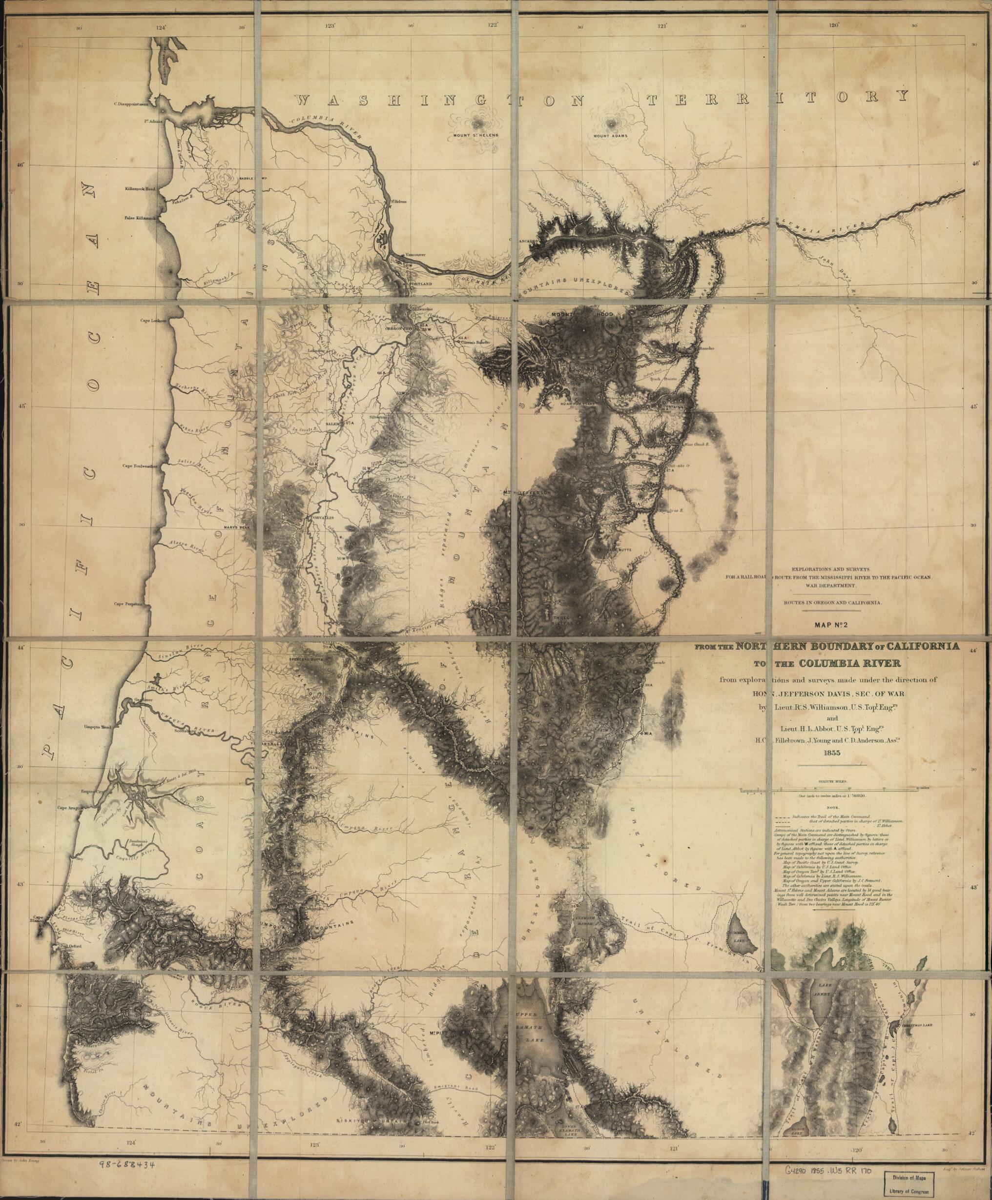 This old map of From the Northern Boundary of California to the Columbia River : from Explorations and Surveys from 1859 was created by Henry L. Abbot, Jefferson Davis, Selmar Siebert, United States. War Department, R. S. (Robert Stockton) Williamson, J