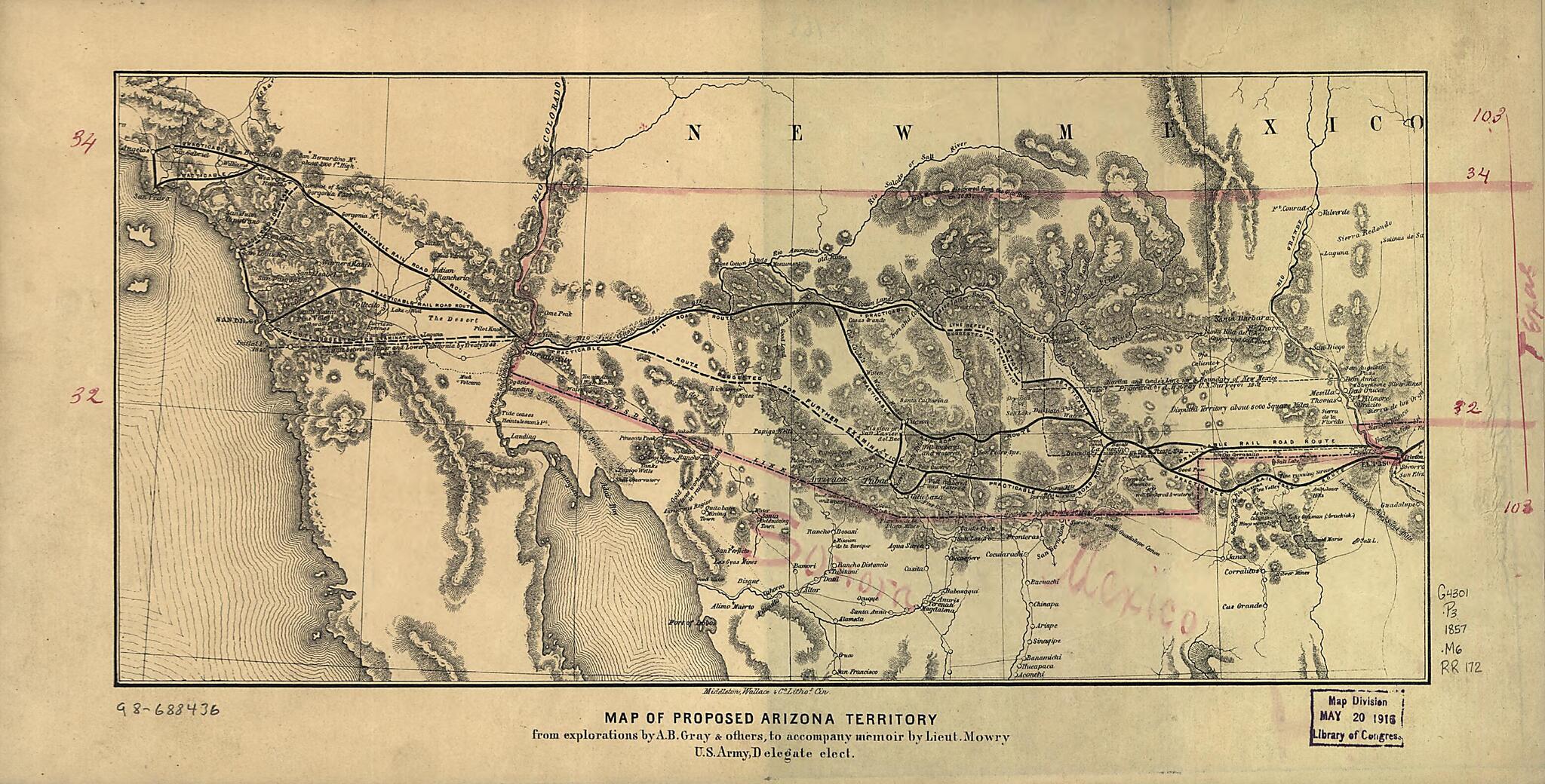 This old map of Map of Proposed Arizona Territory from 1857 was created by A. B. (Andrew Belcher) Gray, Wallace & Co Middleton, Sylvester Mowry in 1857