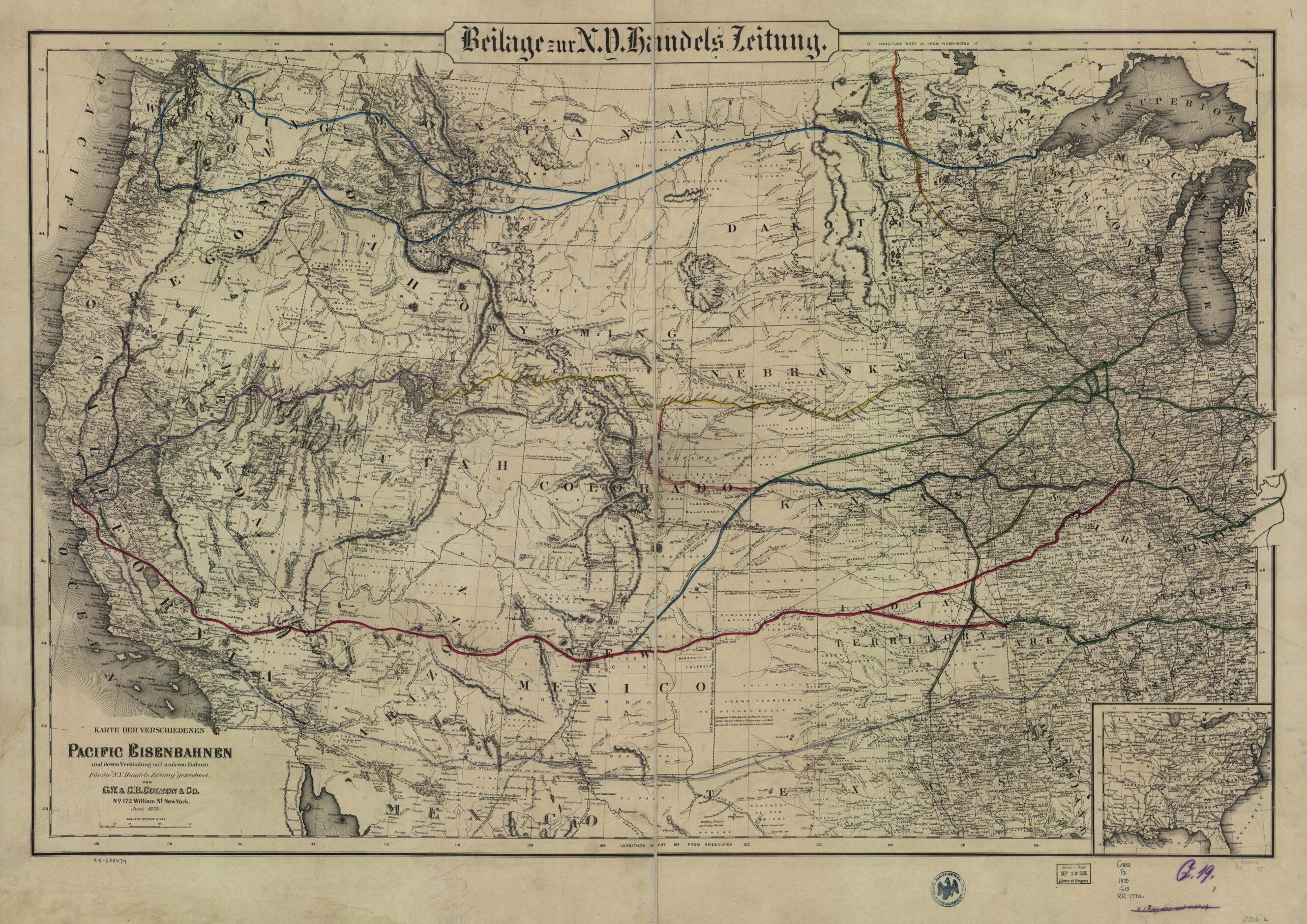 This old map of Karte Der Verschiendenen Pacific Eisenbahnen Und Deren Verbindung Mit Anderen Bahnen; Für Die N.Y. Handels Zeitung Gezeichne from 1870 was created by G.W. & C.B. Colton & Co in 1870