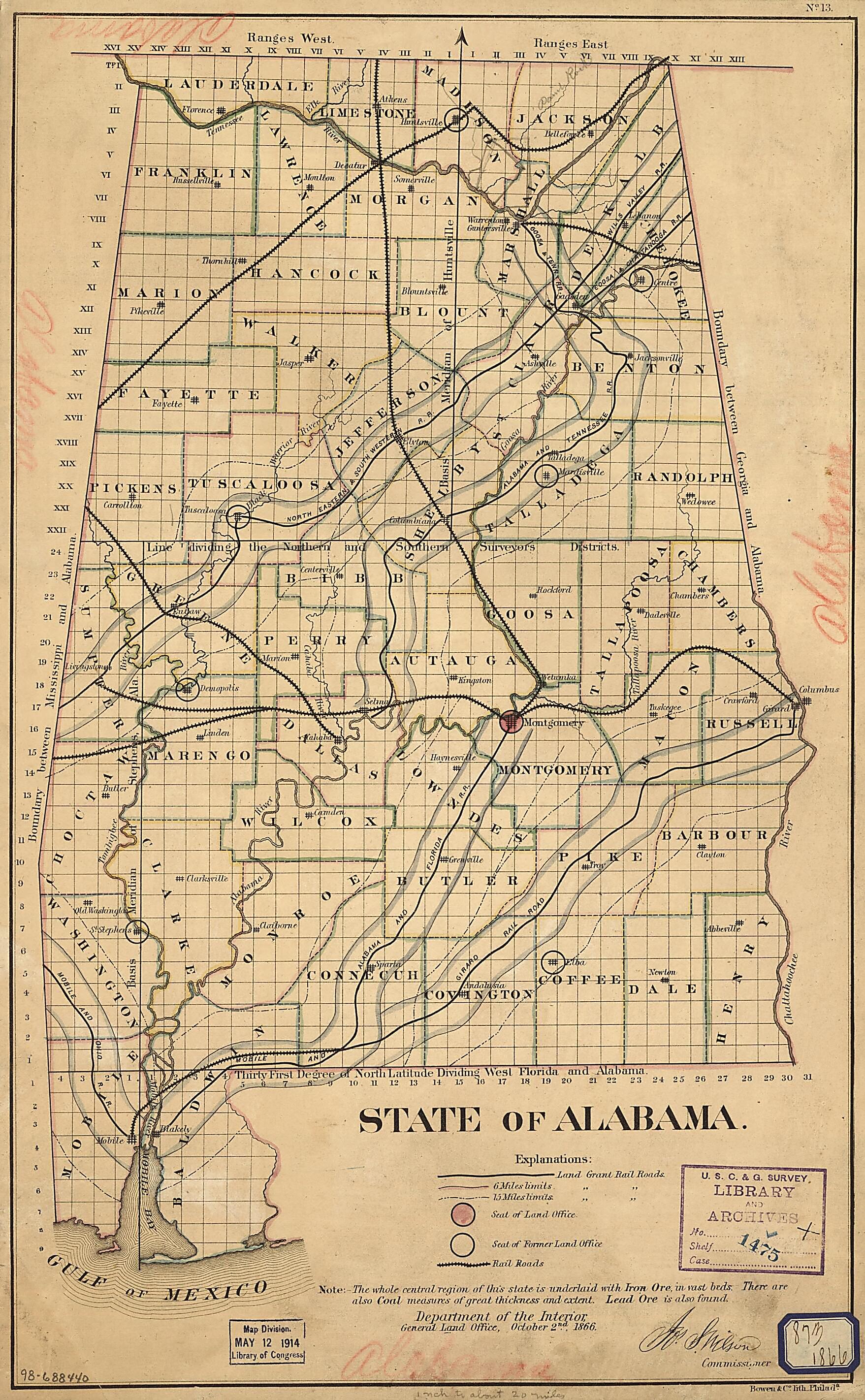 This old map of State of Alabama. October. 2nd. from 1866 was created by United States. General Land Office in 1866