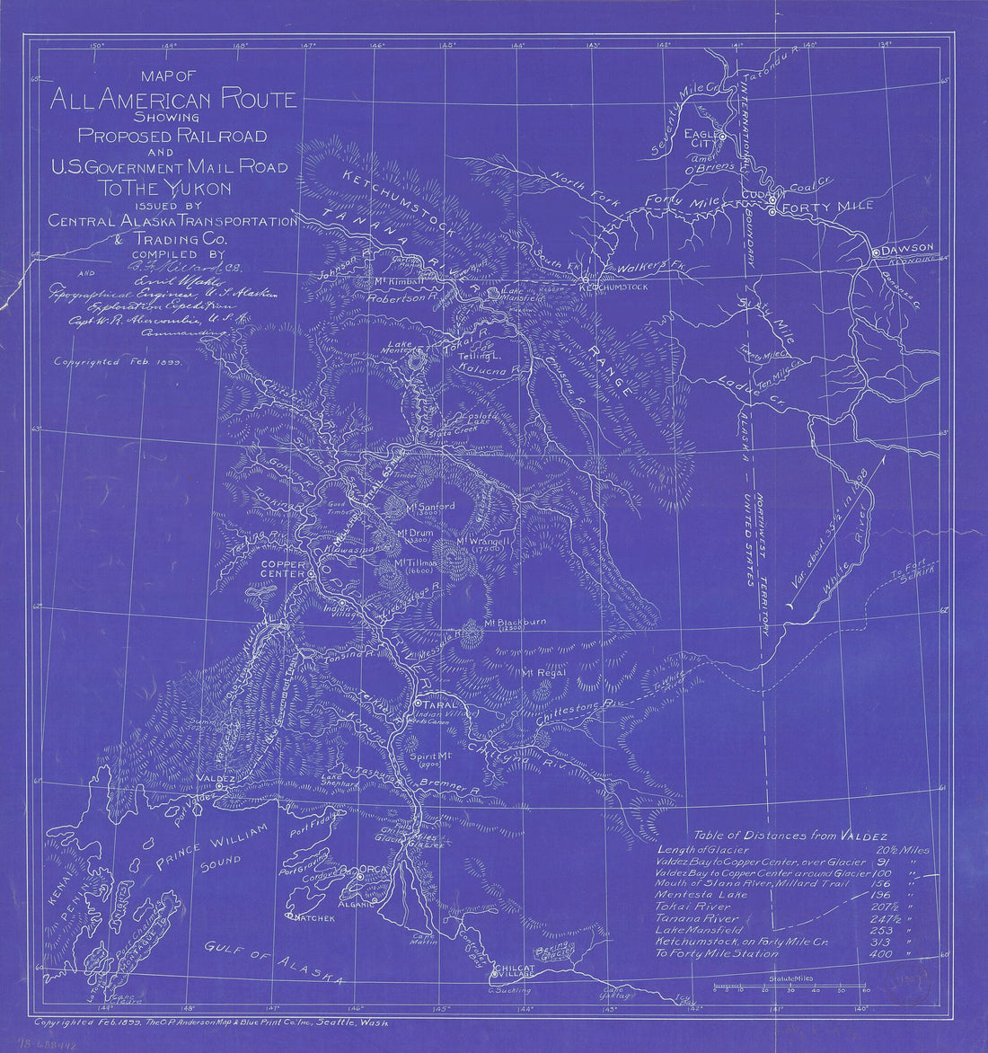 This old map of Map of the All American Route Showing Proposed Railroad and U.S. Government Mail Road to the Yukon; Issued by Central Alaska Transportation & Trading Co.; Compiled by B. F. Millard and Emil Mahlo, Topographical Engineer, U.S. Alaska Explo